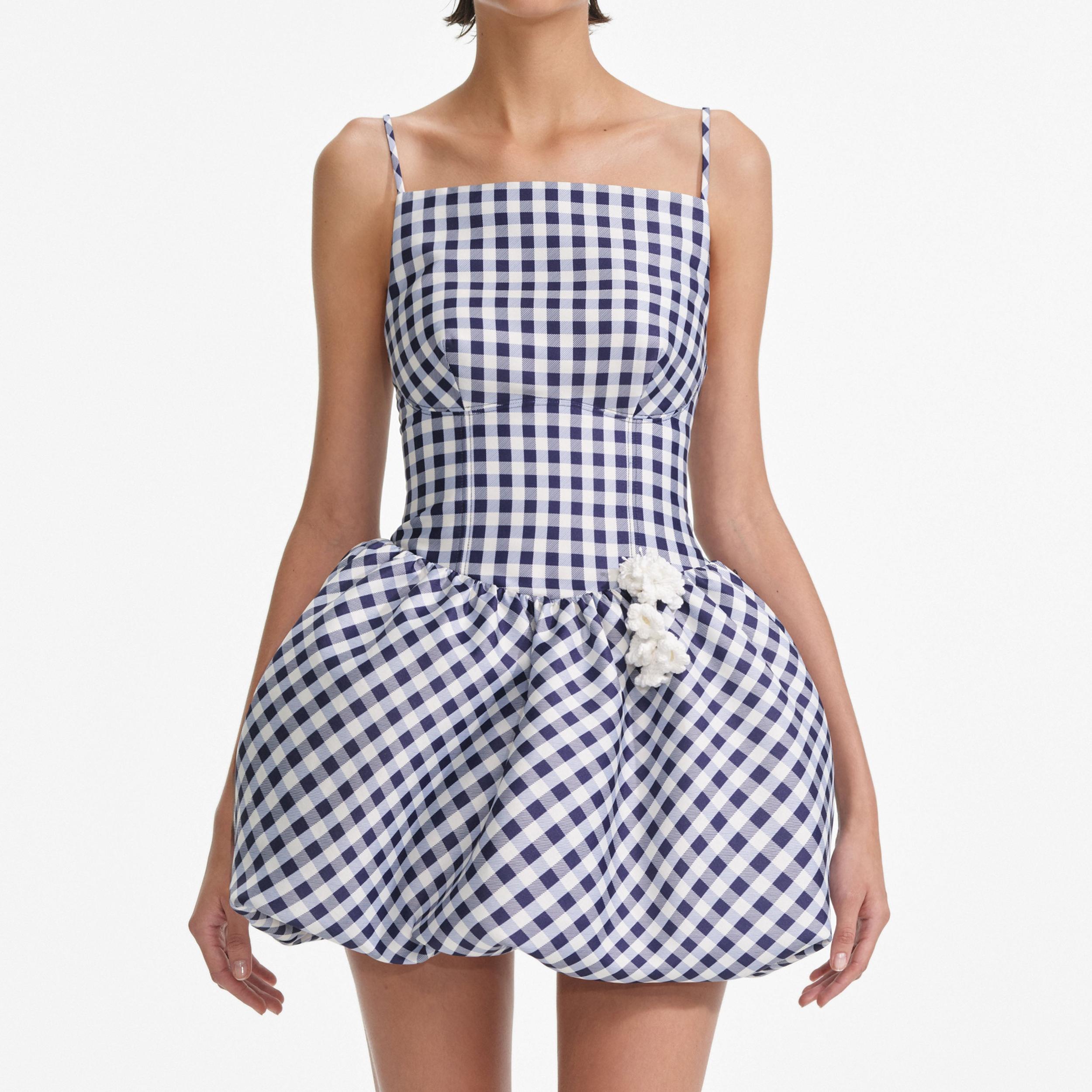 Navy Gingham Taffeta Mini Dress Product Image