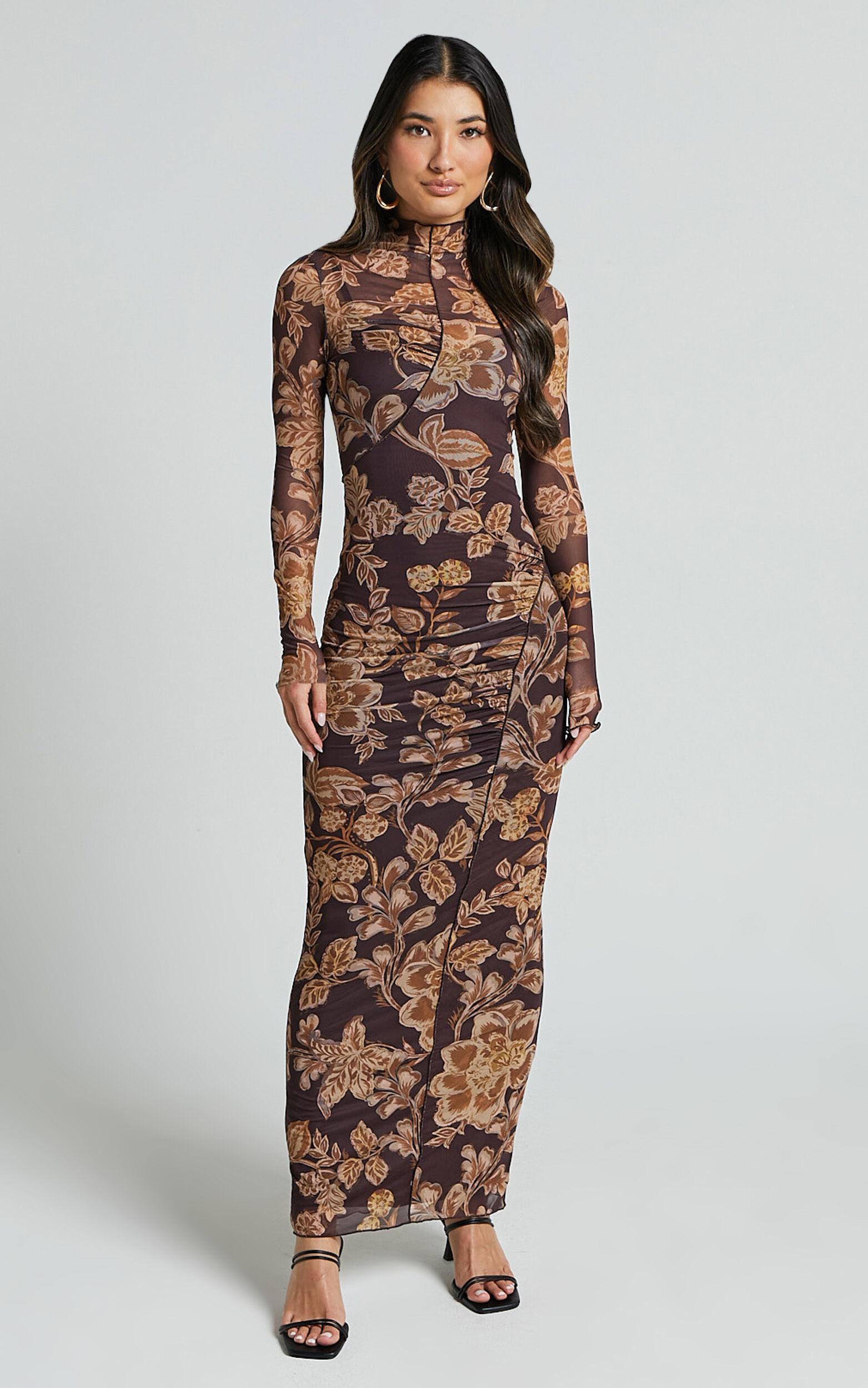 Vivian Midi Dress - High Neck Long Sleeve Mesh Dress in Amber Bloom Print Product Image