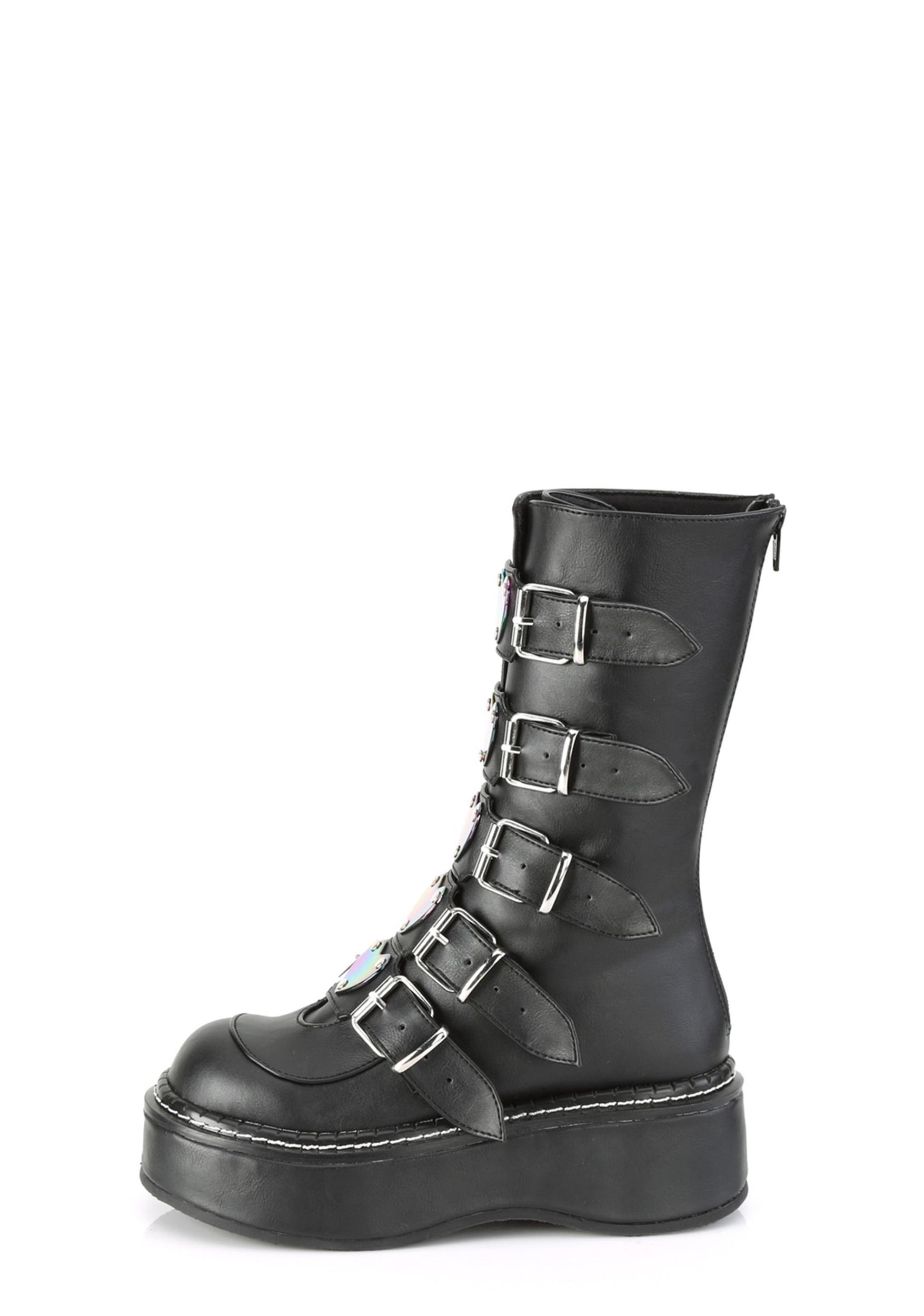 Demonia Matte Leather Oil Slick Iridescent Heart Holographic Buckle Platform Boots Black Product Image