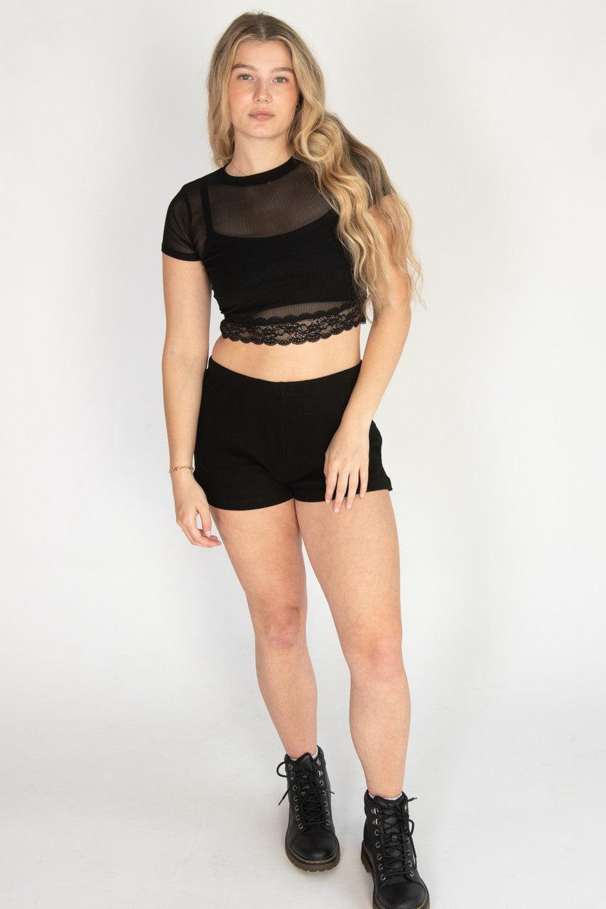 Lace Trim Ribbed Mesh Crop Tee Product Image