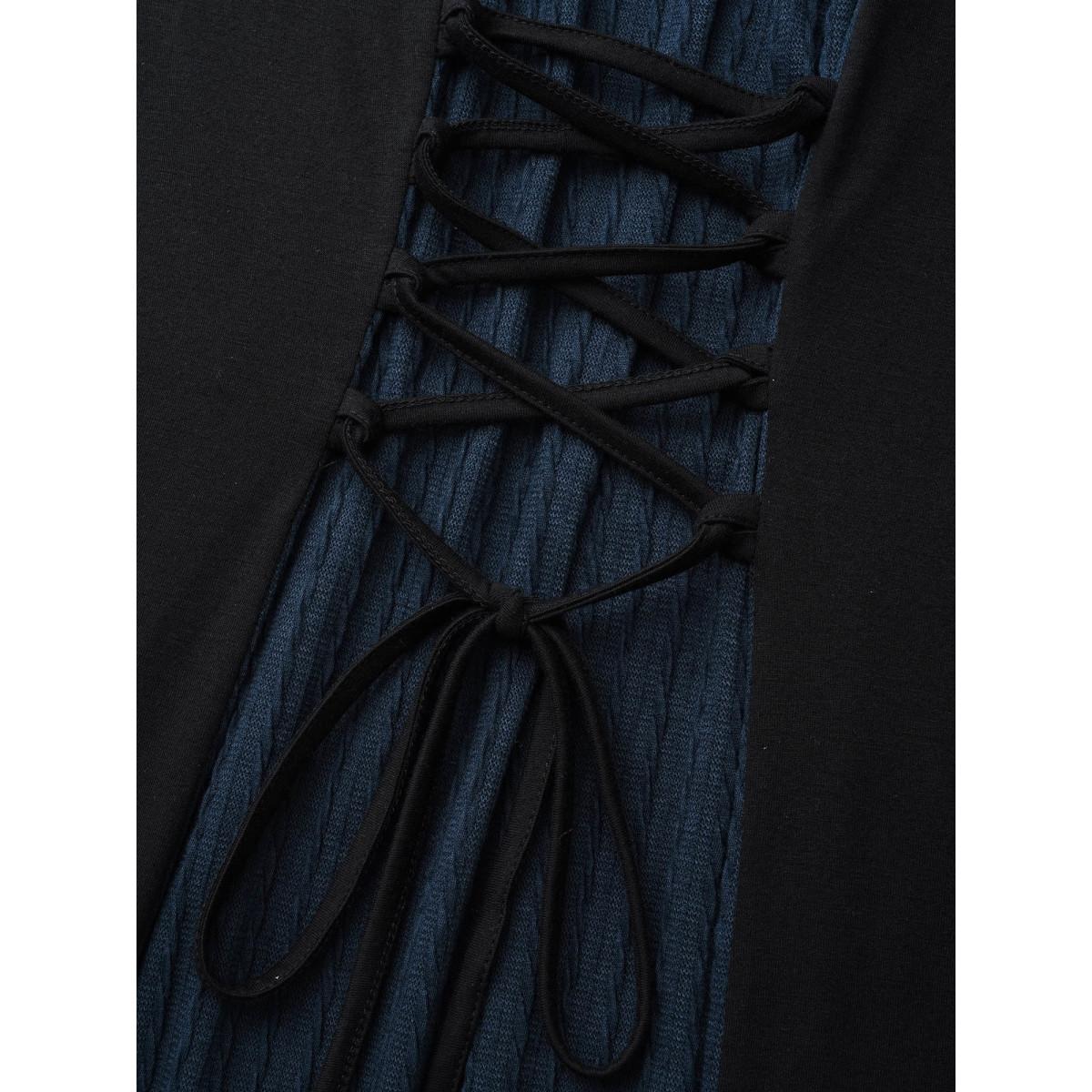 Plus Size Square Neck Textured Patchwork Crisscross Dress Indigo Women Retro Wraparound straps Square Neck Long Sleeve Curvy BloomChic 22-24/3X Product Image