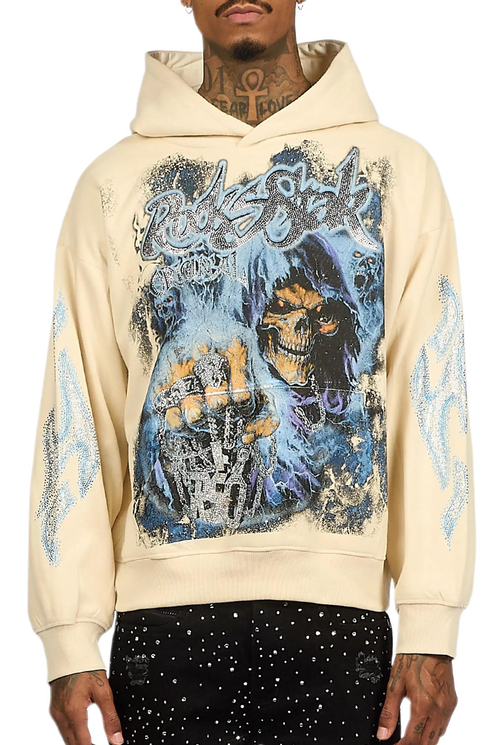 Kovari Beige Rhinestone Oversized Hoodie Male Product Image