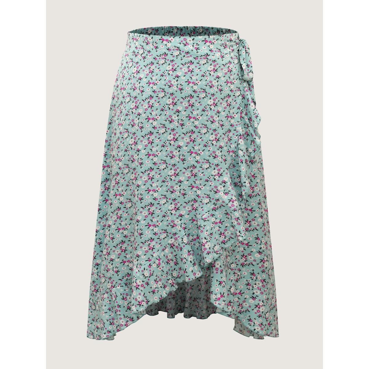 Plus Size Rayon Ditsy Floral Print Side-Tie Maxi Skirt Women LightGreen Timeless Loose No stretch Side seam pocket Belt Vacation Skirts BloomChic 14-16/1X Product Image
