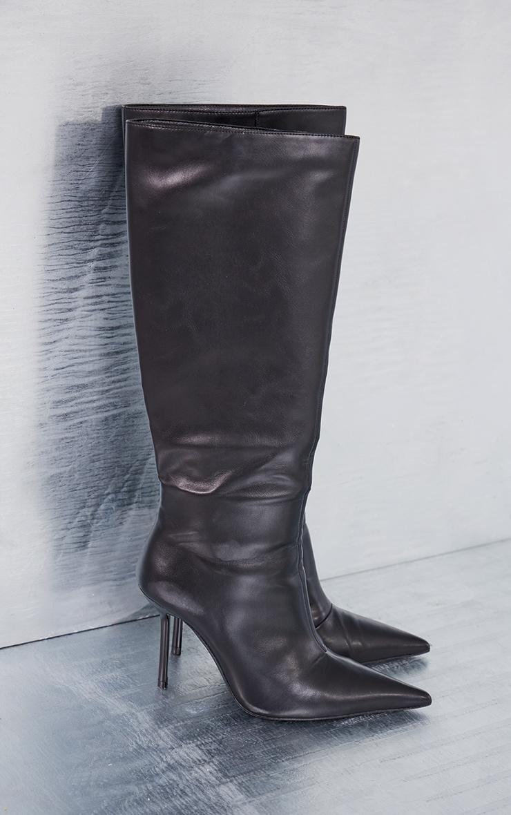 Black PU Point Toe Knee High Stiletto Heeled Boots Product Image