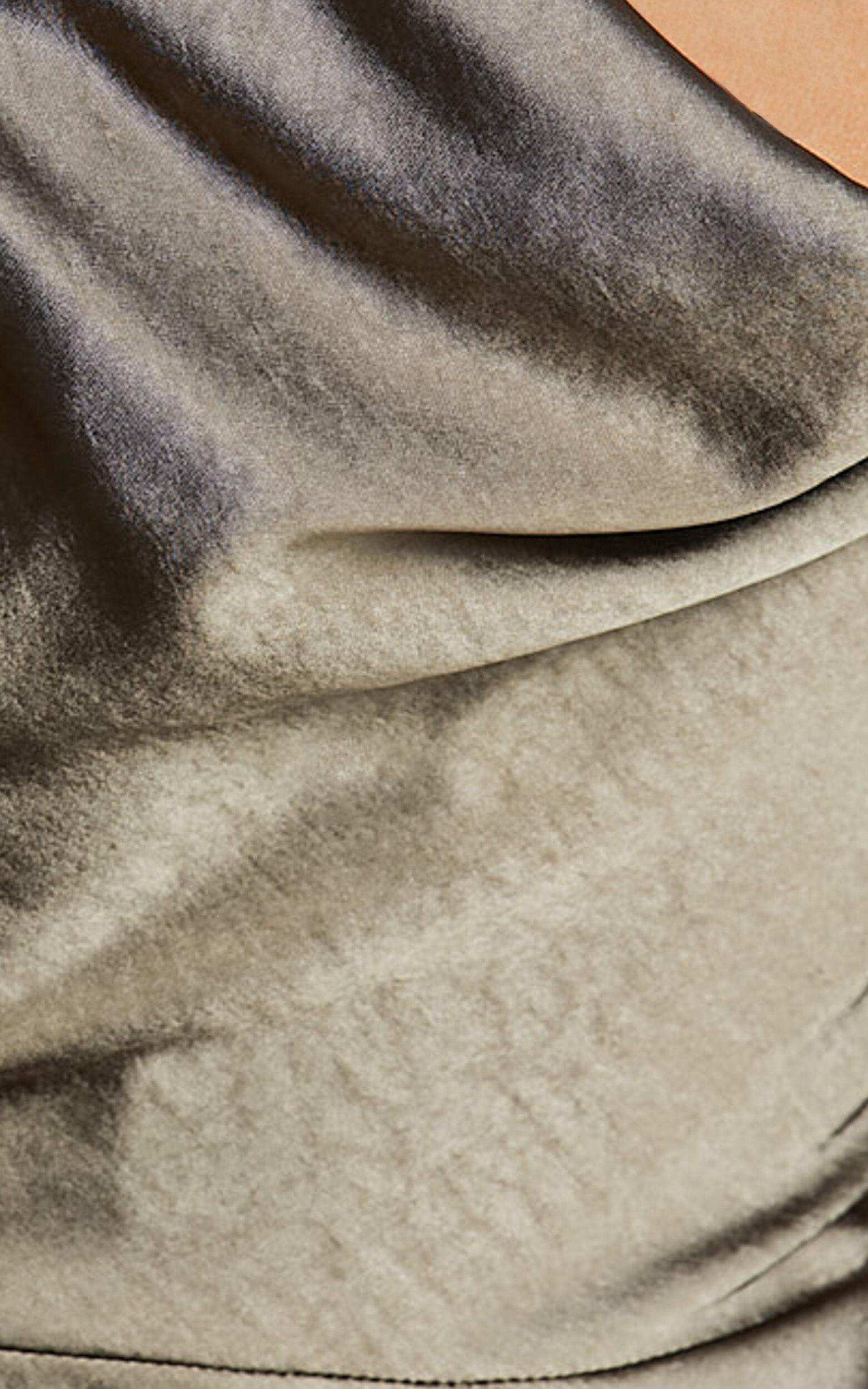 Arriana Midi Dress - Long Sleeve Cowl Back Satin Dress in Dark Olive Product Image