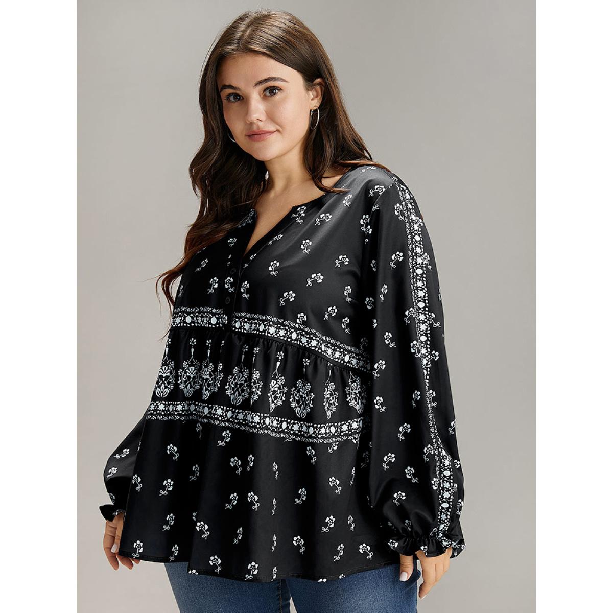 Plus Size Black Bandana Print Flutter Trim Blouse Women Resort Long Sleeve V-neck Vacation Blouses BloomChic 30/6X Product Image