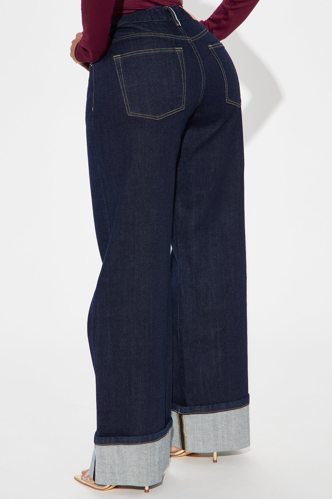 Premium Cuffed Straight Leg Jeans - Dark Wash Product Image
