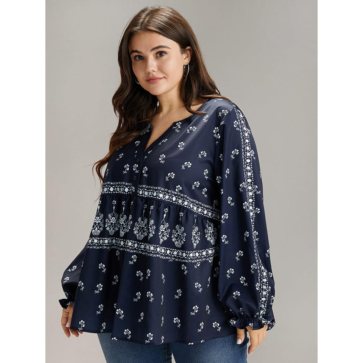 Plus Size Indigo Bandana Print Flutter Trim Blouse Women Resort Long Sleeve V-neck Vacation Blouses BloomChic 14-16/1X Product Image