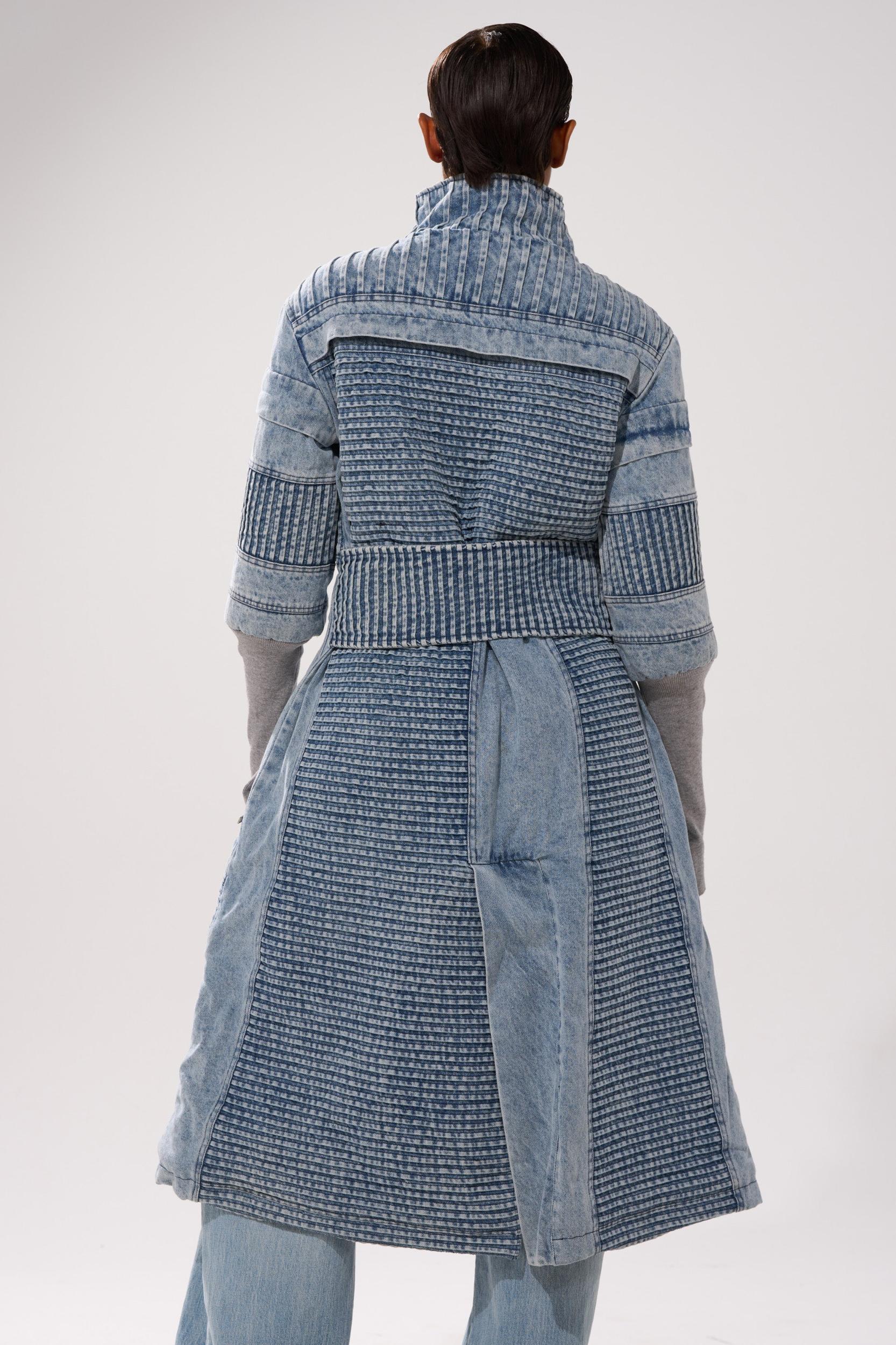 VORTEX DENIM TRENCH COAT IN BLUE Product Image