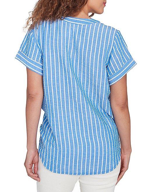 Ruby Rd. Embroidered Stripe Split V-Neck Short Sleeve Tie-Front Top Product Image