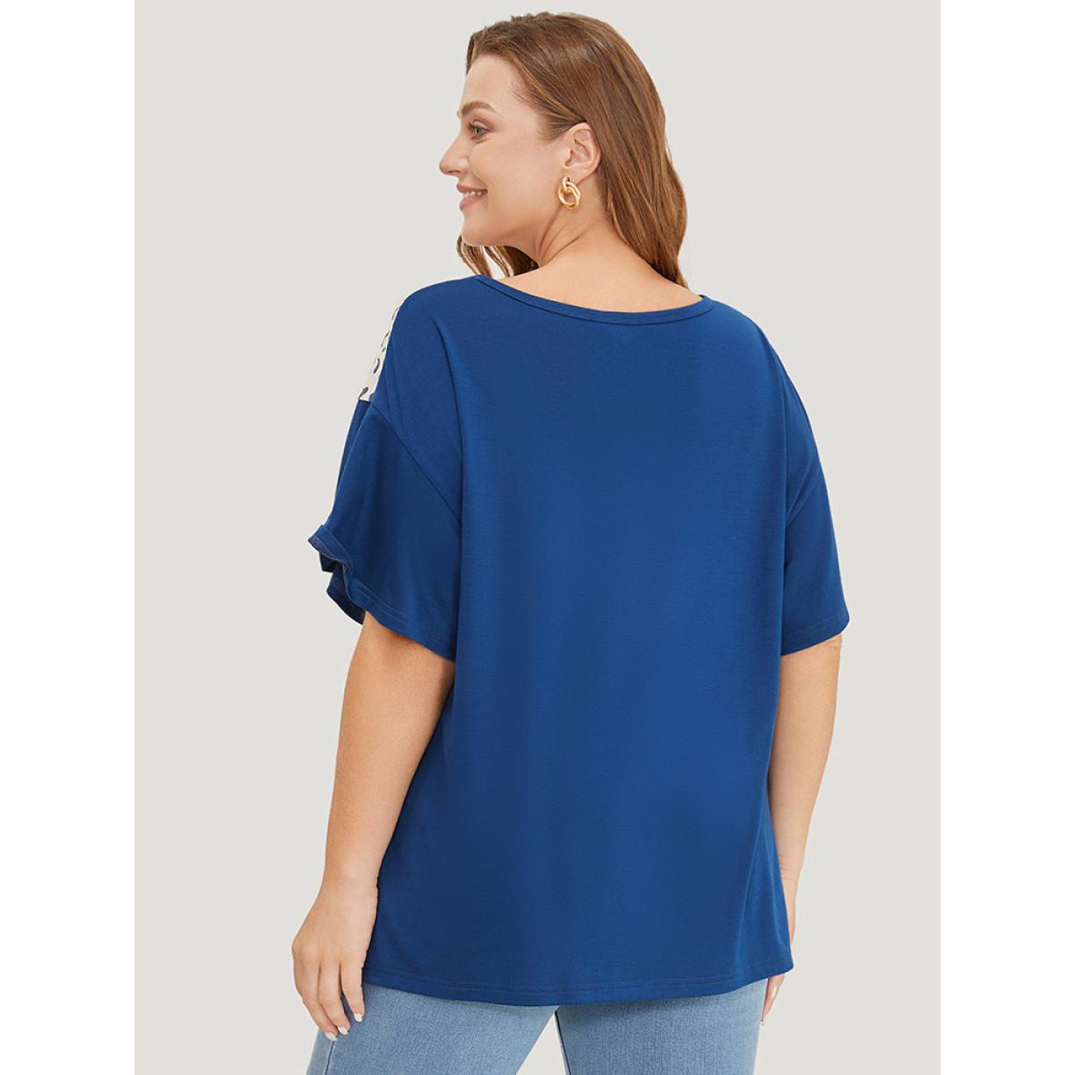 Plus Size Leopard Contrast Batwing Sleeve Patchwork T-shirt Indigo Women Casual Contrast Colorblock Round Neck Dailywear T-shirts BloomChic 30/6X Product Image