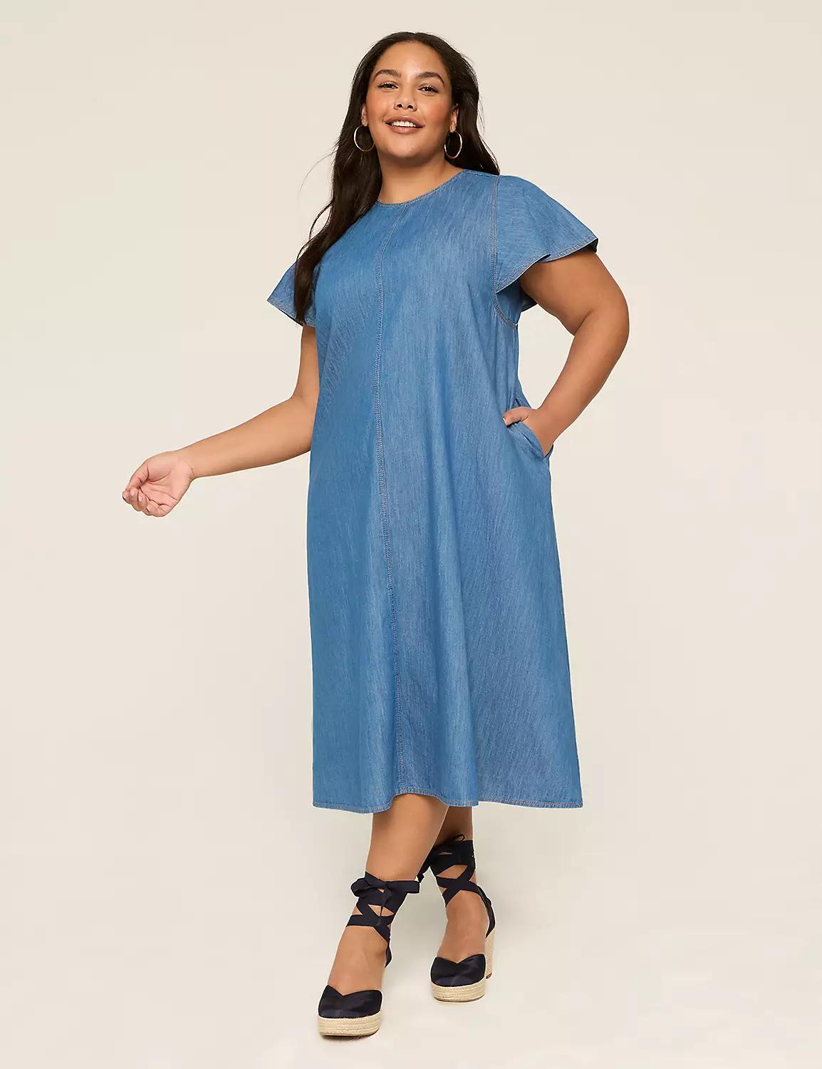 Denim Flutter-Sleeve A-Line Dress Product Image