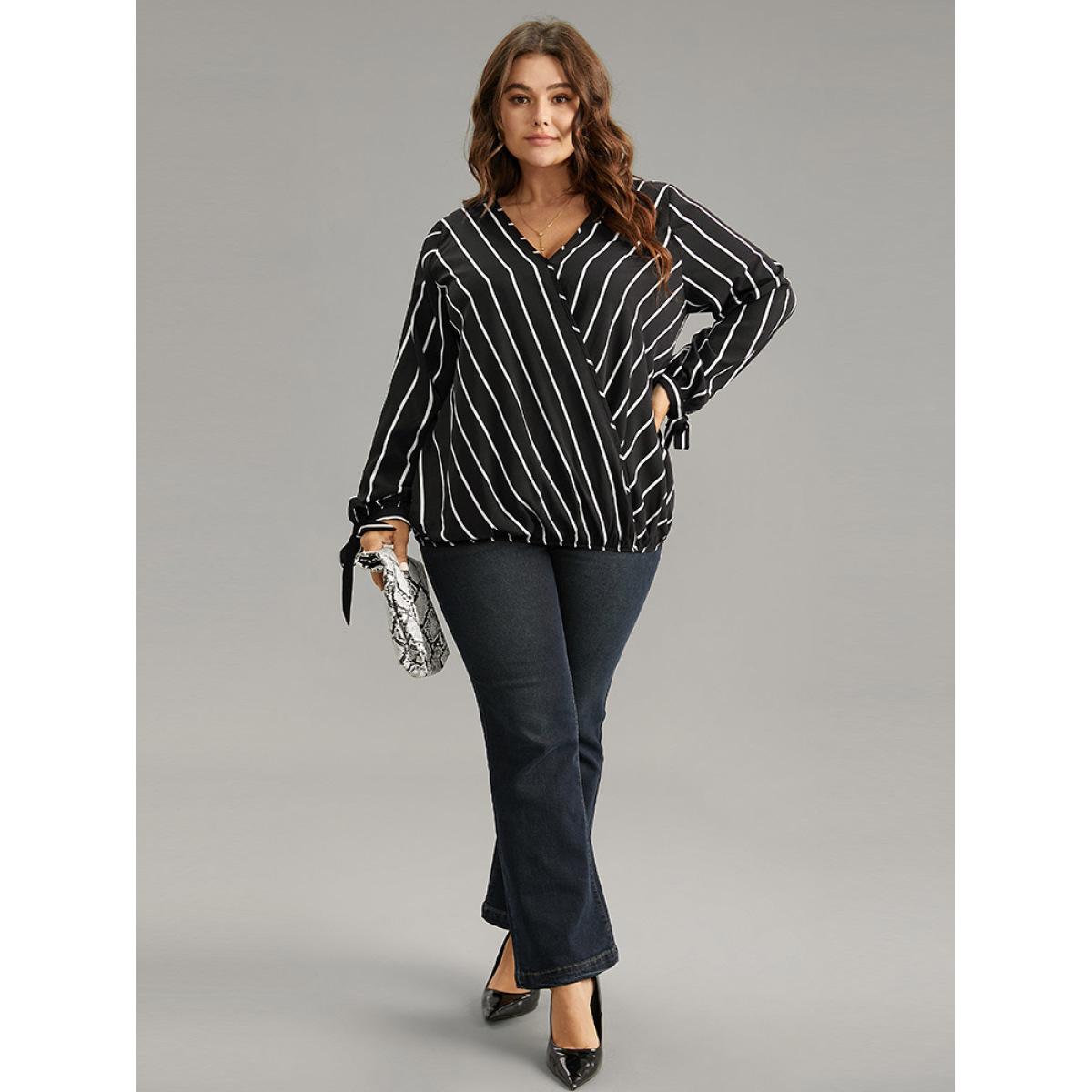 Plus Size Black Striped Bowknot Cuffs Surplice Neck Blouse Women Office Long Sleeve Overlap Collar Office Blouses BloomChic 14-16/1X Product Image