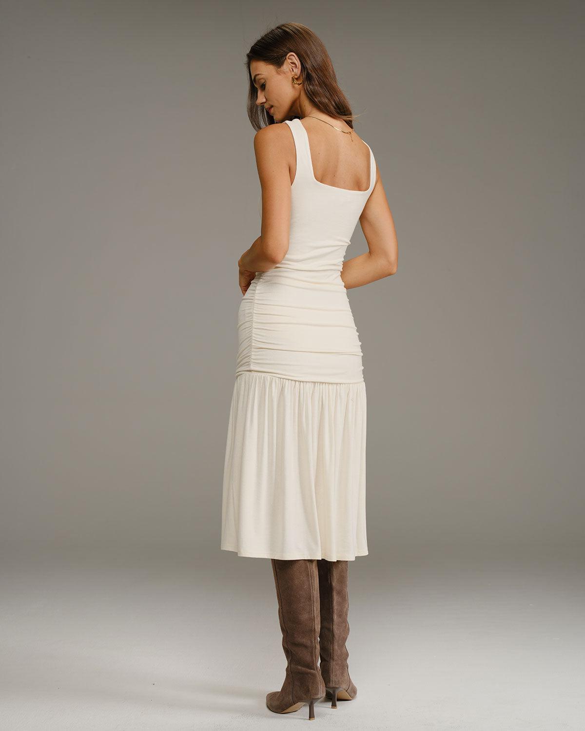 Beige Ruched A-Line Slip Midi Dress Product Image