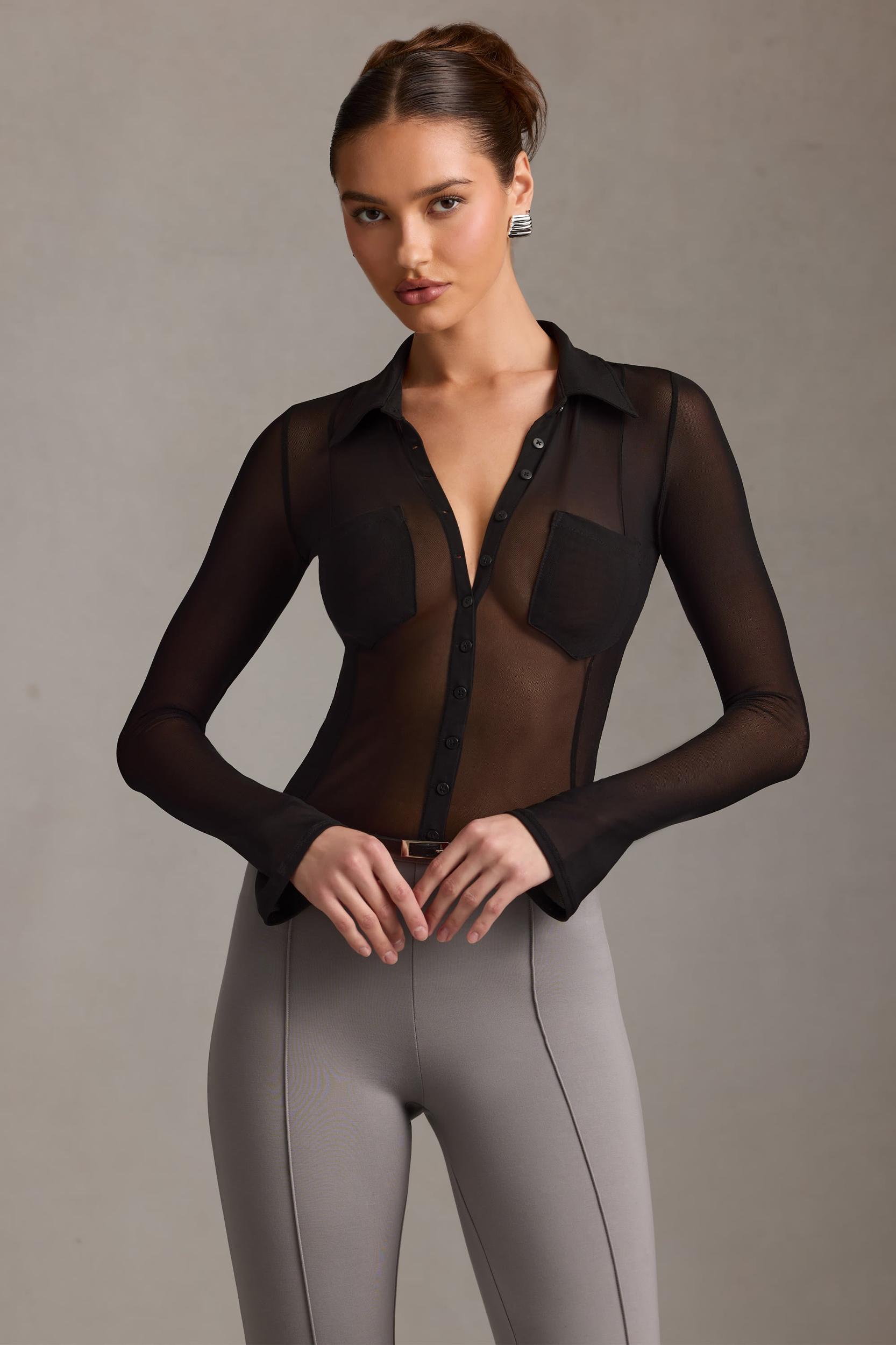 Sheer Long-Sleeve Shirt in Black Product Image