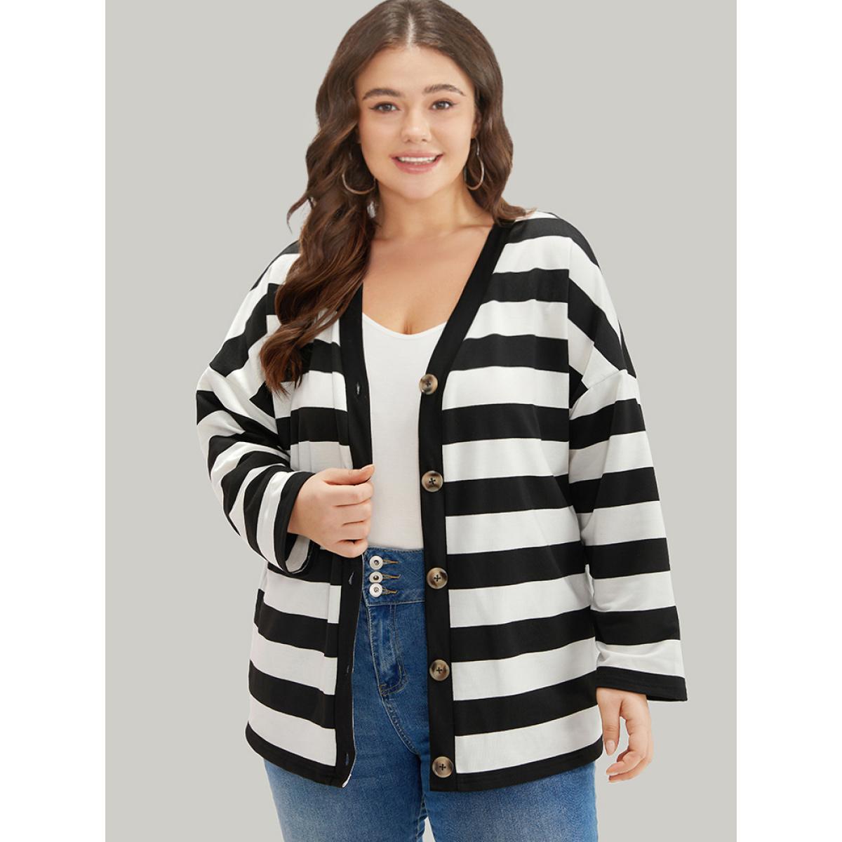 Plus Size Halloween Striped Button Through Jacket Women Black Casual Contrast Ladies Dailywear Winter Coats BloomChic 18-20/2X Product Image