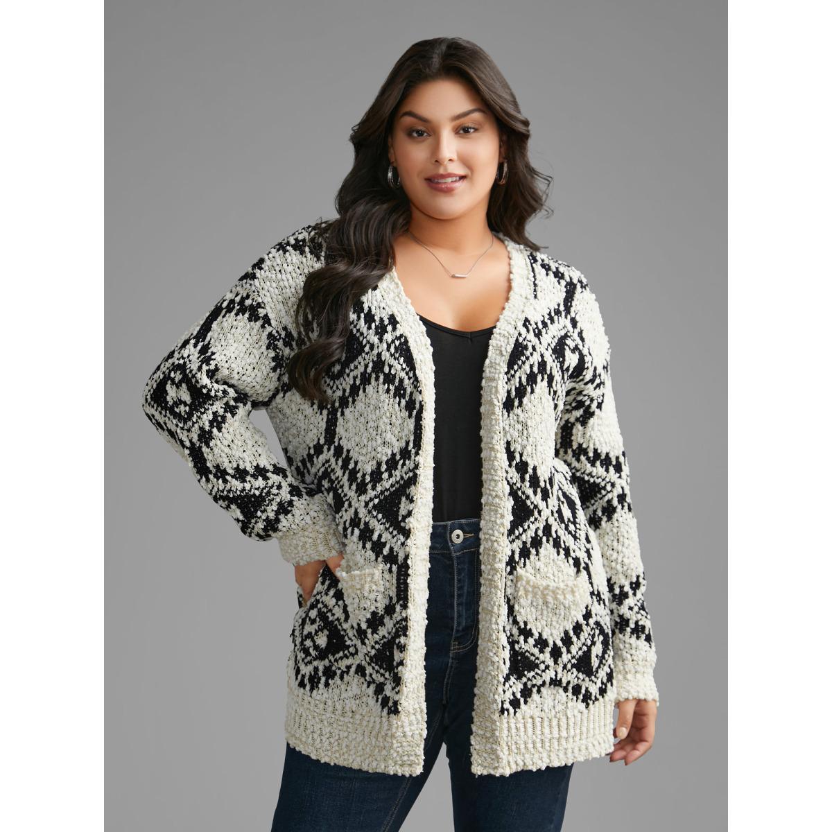 Plus Size Bandana Jacquard Patched Pocket Drop Shoulder Cardigan Black Women Casual Loose Long Sleeve Everyday Cardigans BloomChic 22-24/3X Product Image