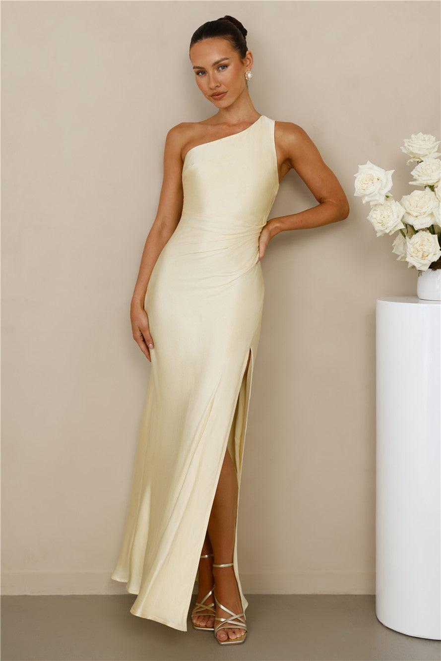 The Aurora One Shoulder Satin Maxi Dress Yellow Product Image