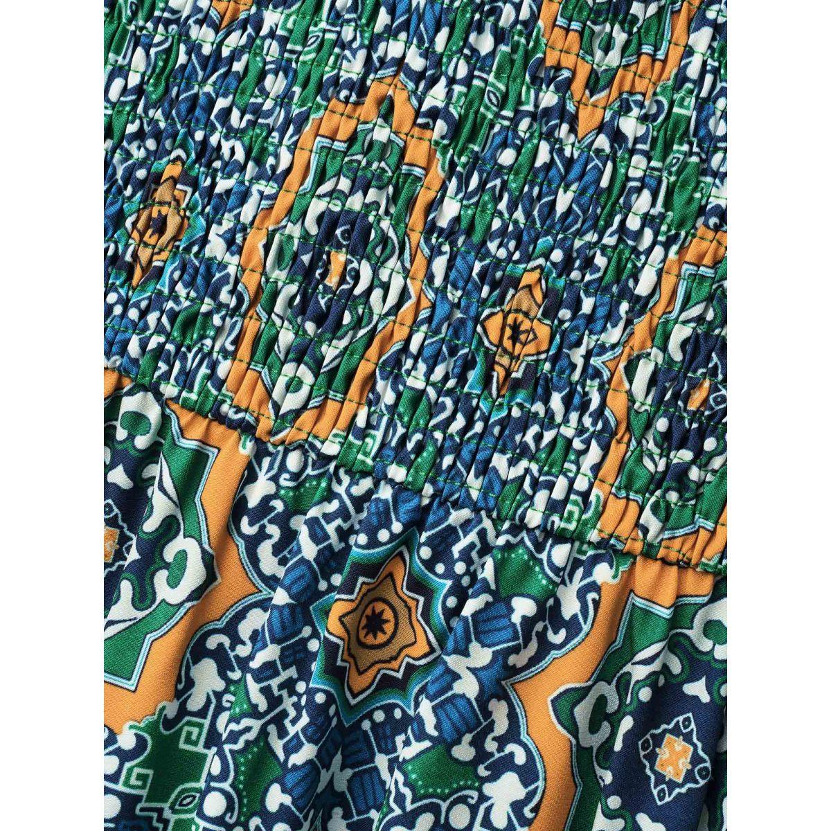 Plus Size Ornate Print Shirred Stretchy Waist Midi Dress Emerald Women Resort Shirred Square Neck Elbow-length sleeve Curvy BloomChic 22-24/3X Product Image