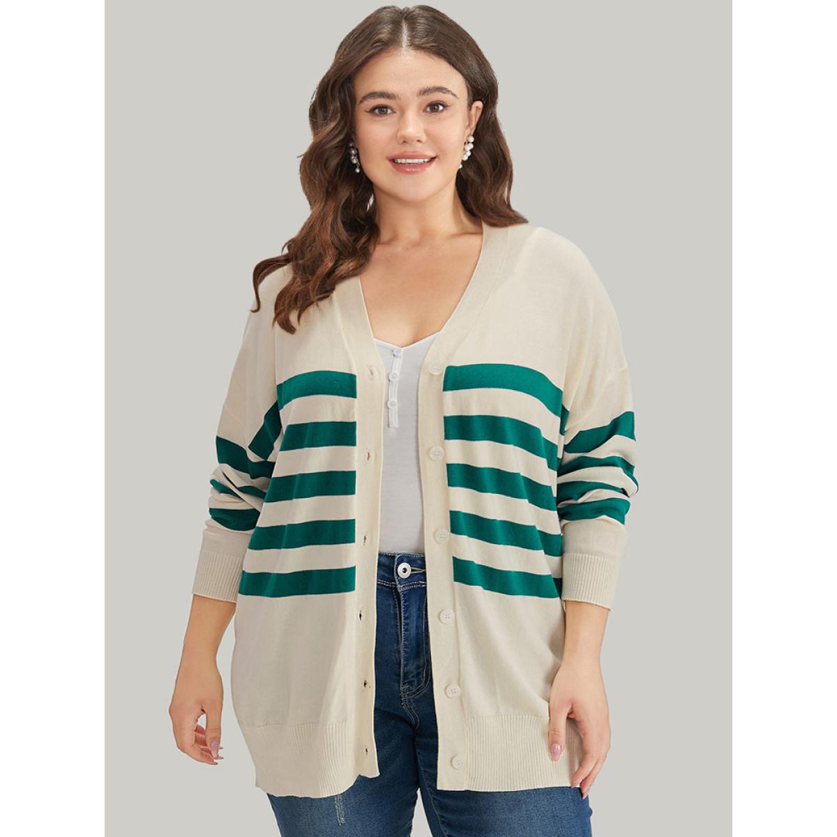 Plus Size Supersoft Essentials Striped Contrast Button Up Cardigan Beige Women Casual Loose Long Sleeve Dailywear Cardigans BloomChic 28/5X Product Image