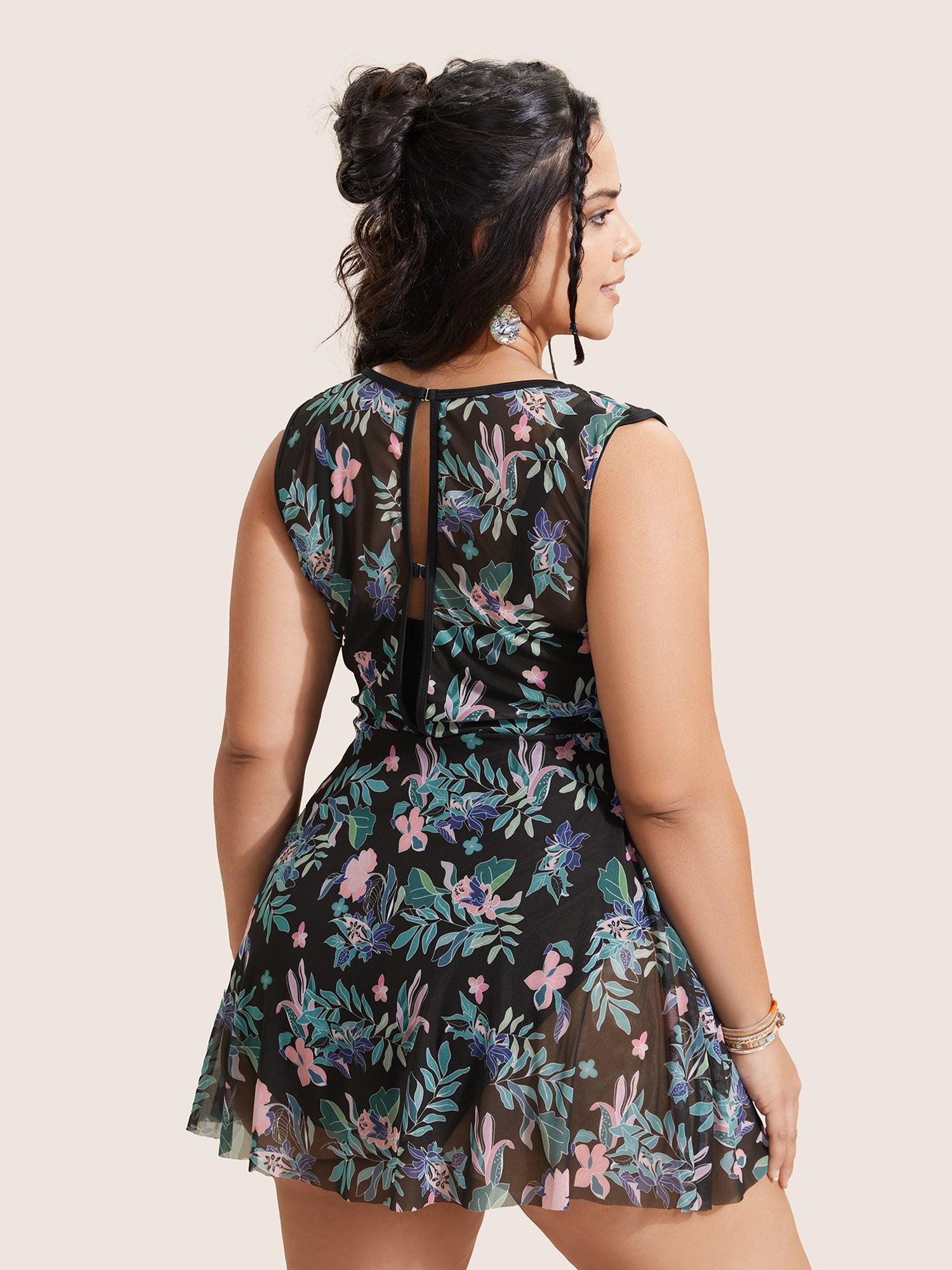 U Neck Tropical Print See Through Swim Dress Female Product Image