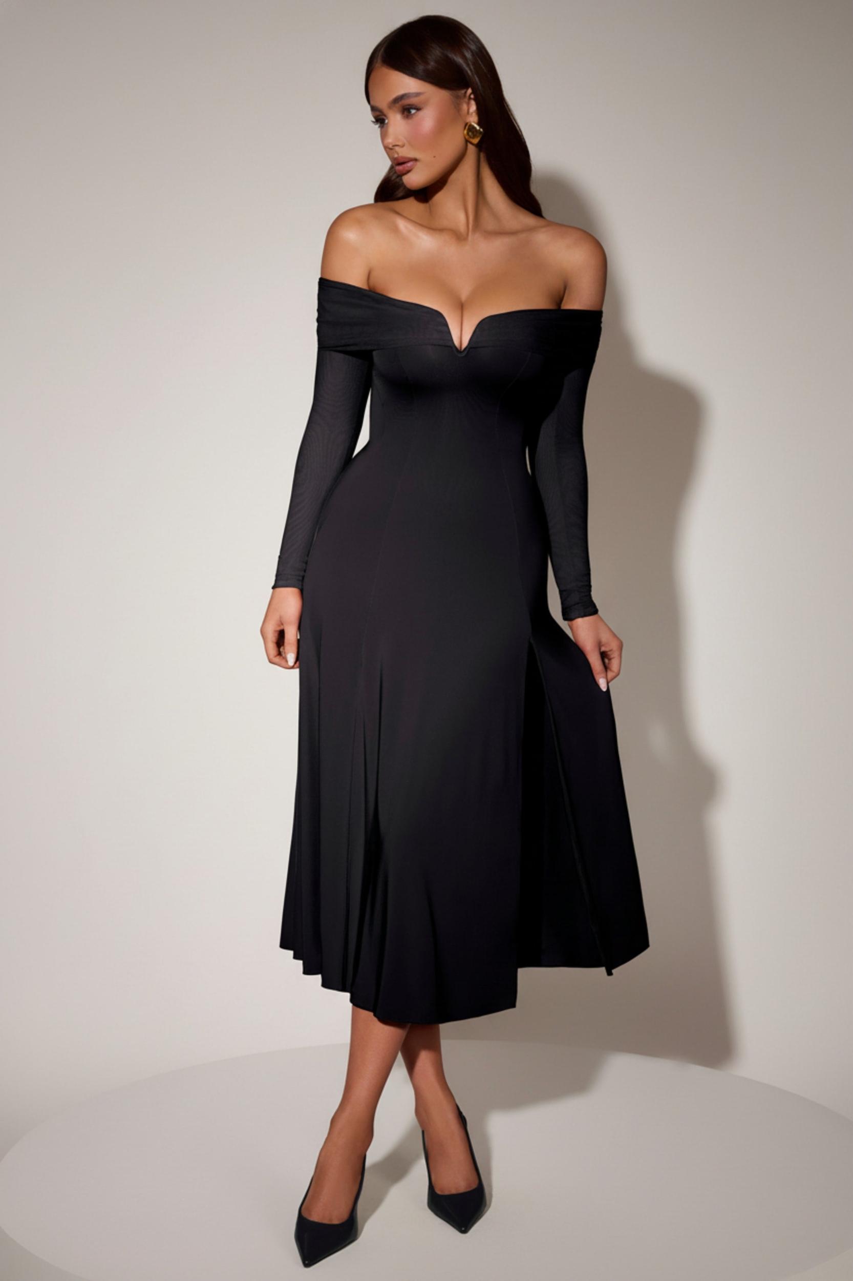 Off-Shoulder Lace-Up A-Line Midaxi Dress in Black Product Image