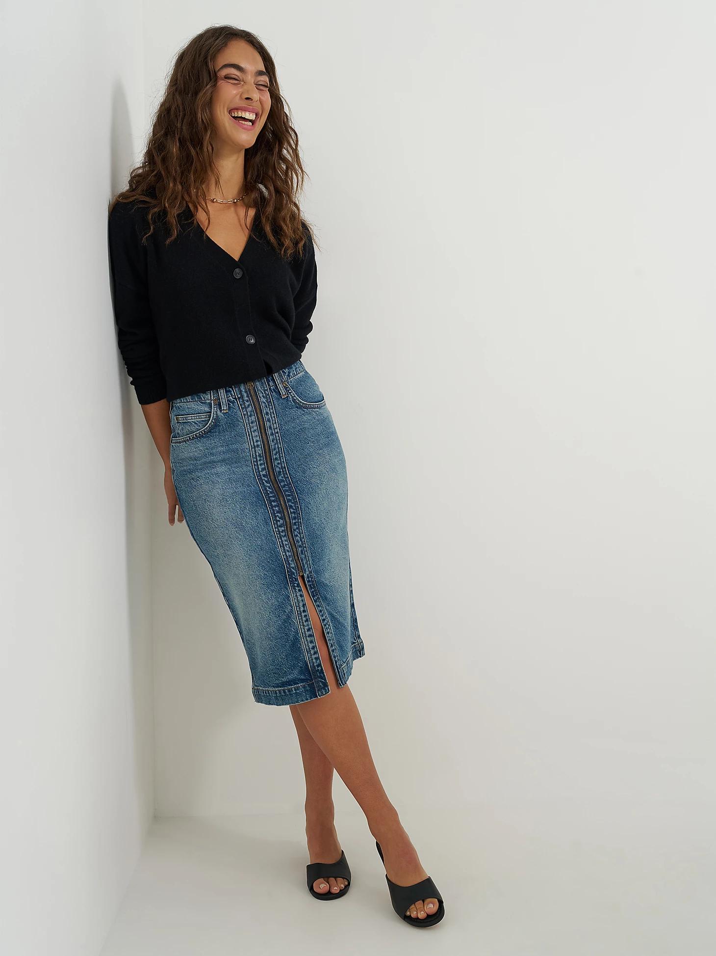 Women's High Rise Zip Front Denim Midi Skirt | Women's Skirts & Dresses | Lee® Product Image