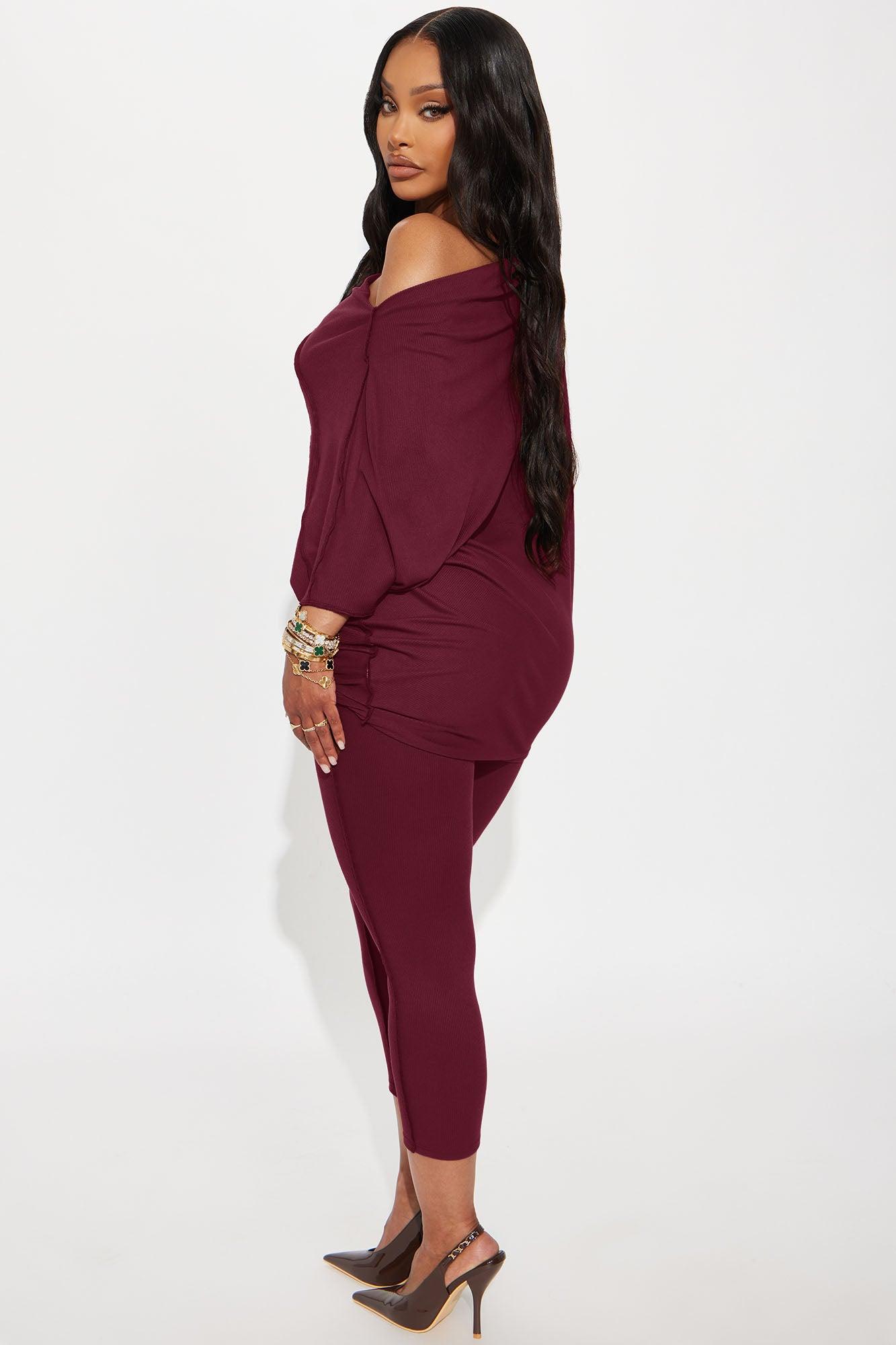 Becca Off Shoulder Ribbed Pant Set - Burgundy Female Product Image