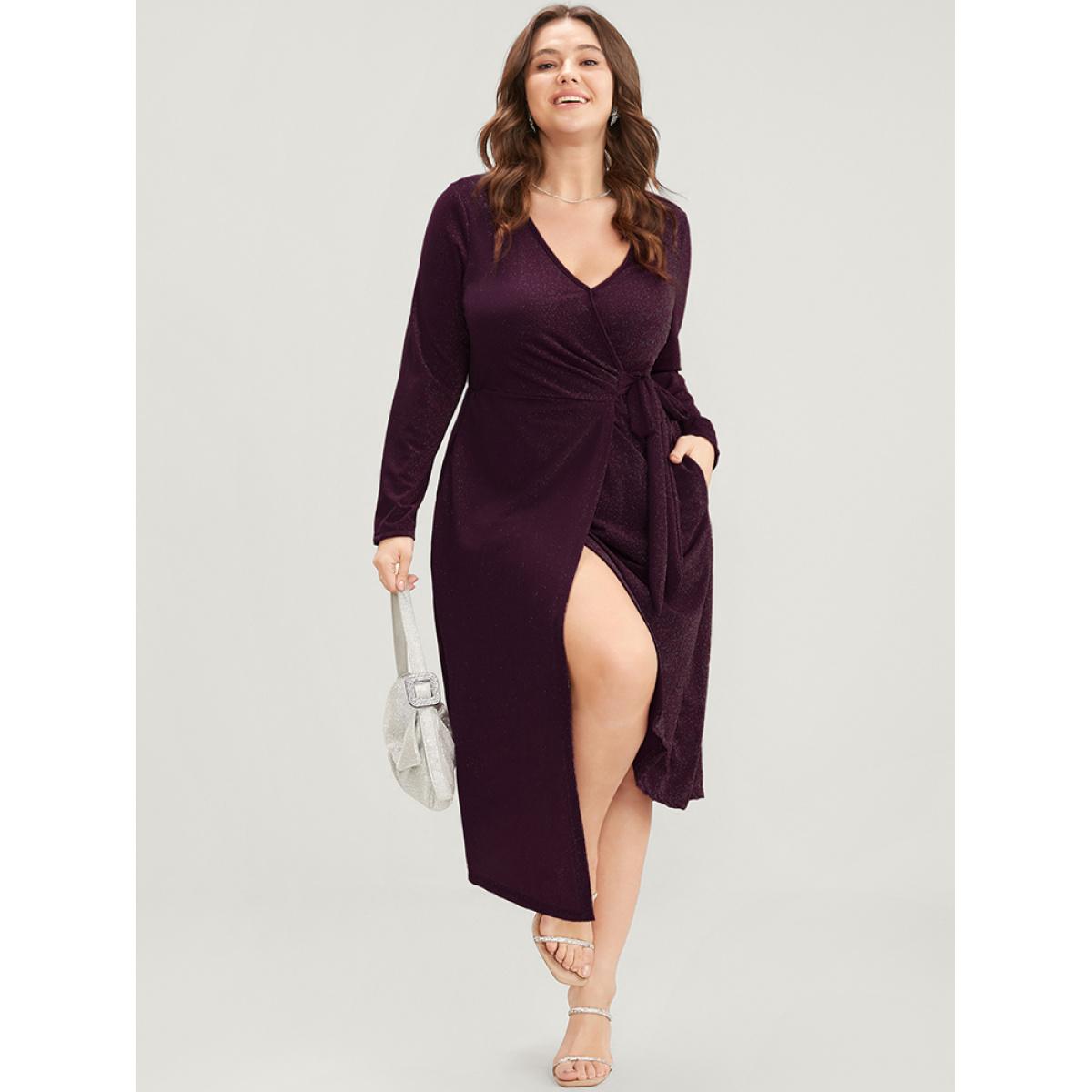 Plus Size Sequin Wrap Knotted Side Pocket Asymmetrical Hem Dress Eggplant Women Party Knotted V-neck Long Sleeve Curvy Midi Dress BloomChic 30/6X Product Image