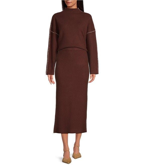 Skies Are Blue Knit Contrast Stitch Midi Skirt Product Image