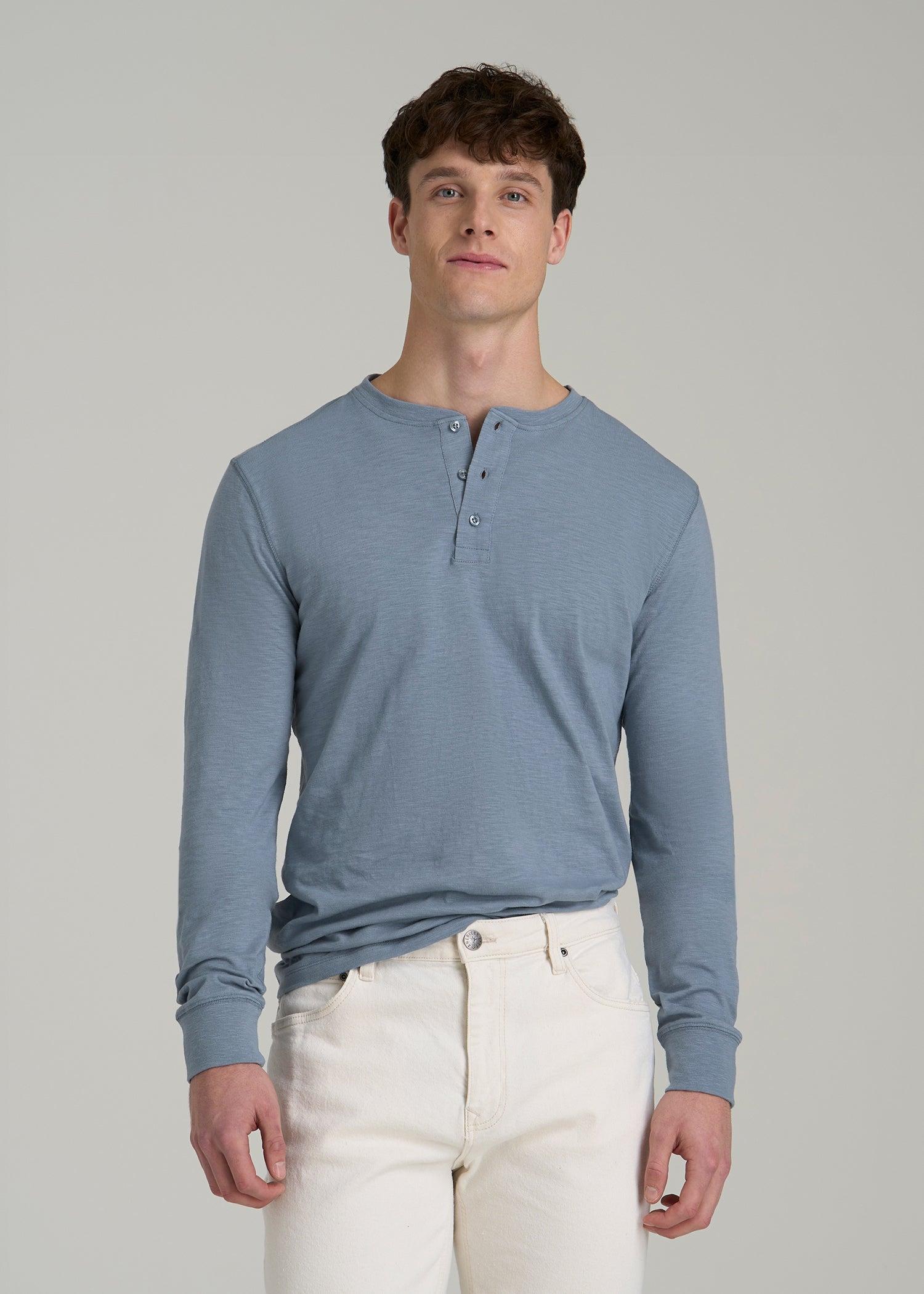 Three-Button Long Sleeve Slub Henley for Tall Men in Chambray Male Product Image