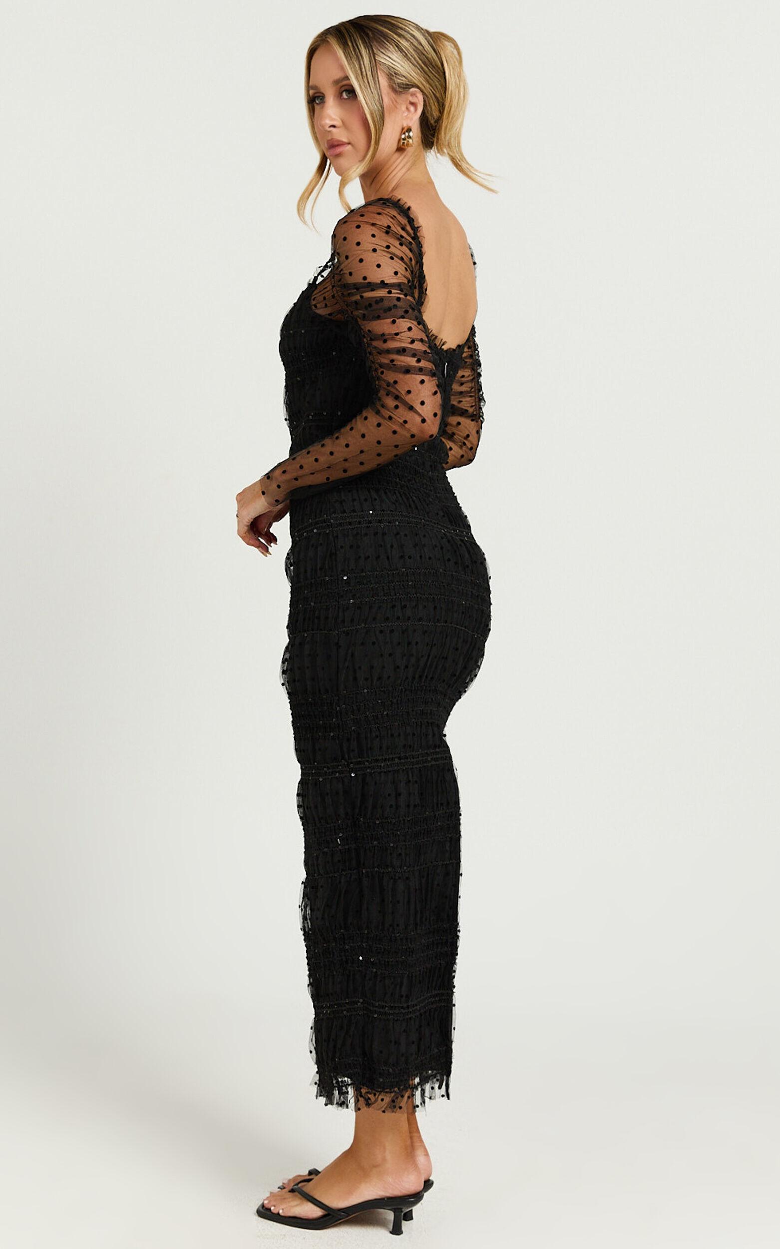 Evelyn Midi Dress - Long Sleeve Shirred Tulle Dress in Black Polka Product Image