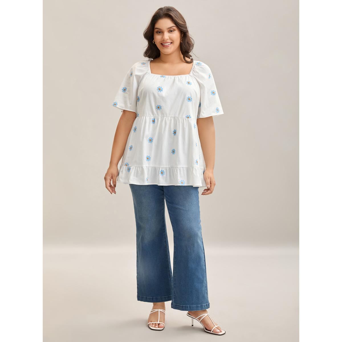 Plus Size WhiteSmoke Floral Embroidered Ruffled Hem Doll Shirt Women Timeless Short sleeve Square Neck Elegant Blouses BloomChic 14-16/1X Product Image