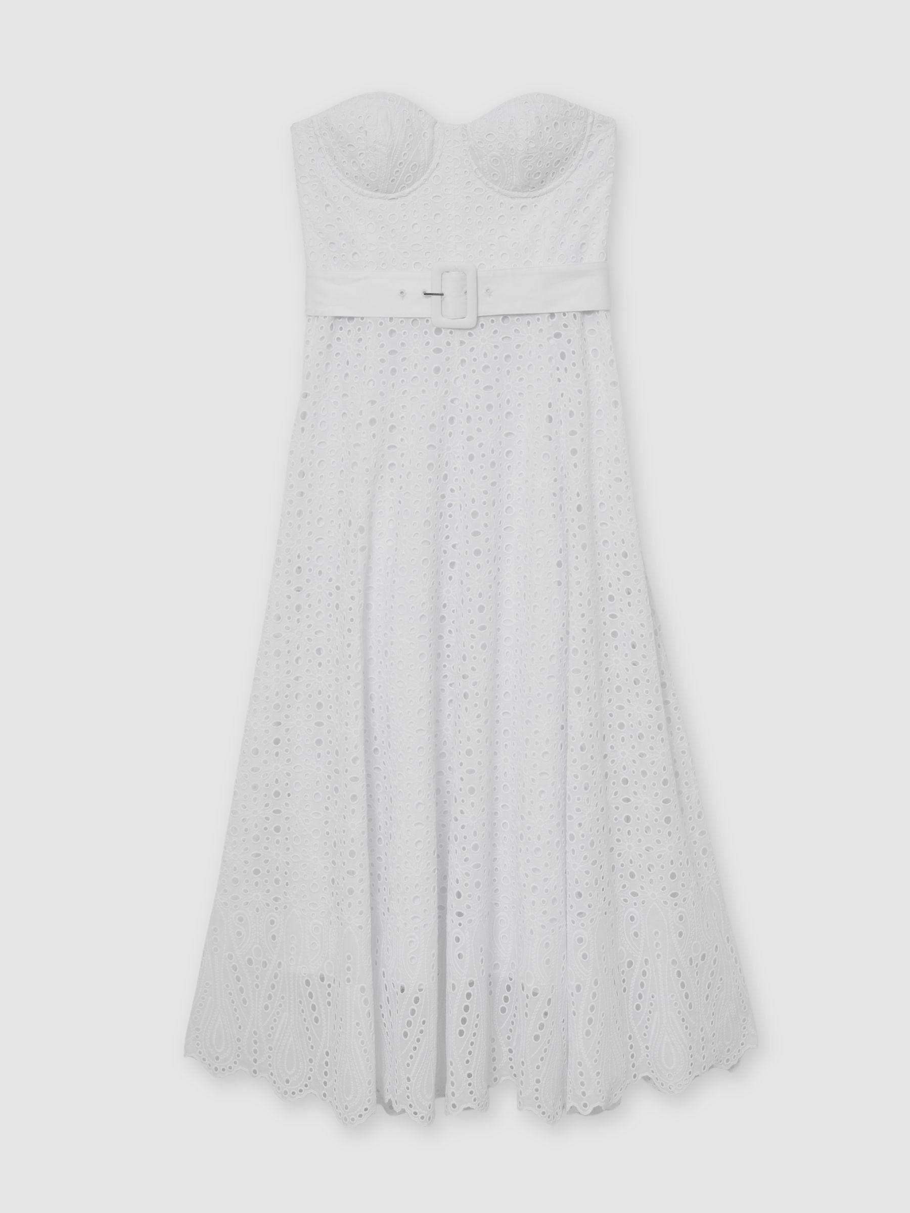 Lace Strapless Bustier Midi Dress in White Product Image