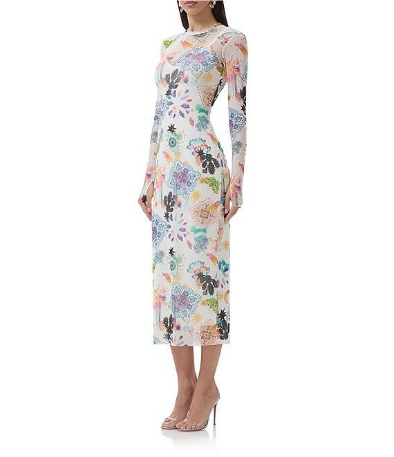 AFRM Ashland Floral Printed Mesh Crew Neck Long Sleeve Sheath Midi Dress Product Image