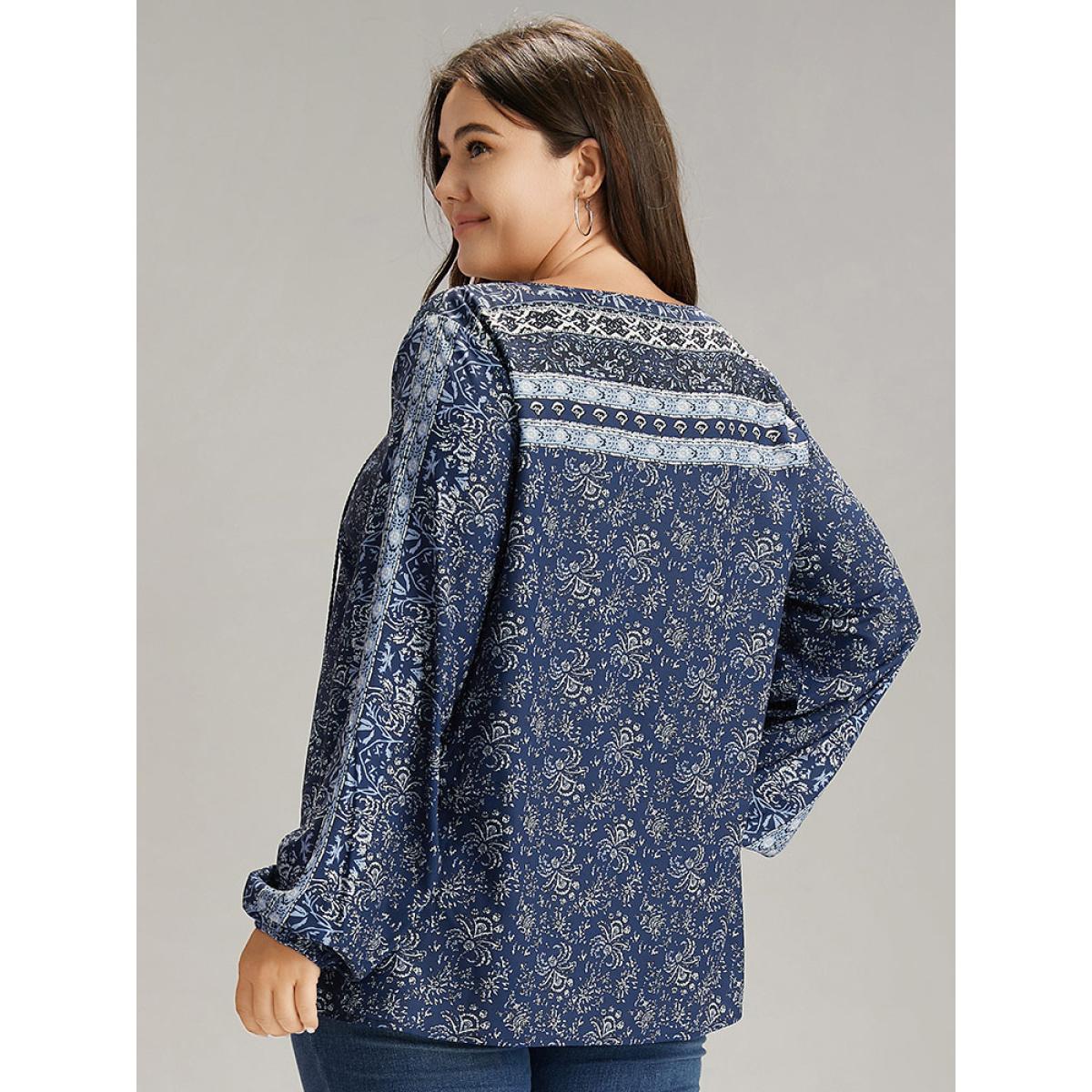 Plus Size Indigo Bandana Print Tassels Ties Blouse Women Vacation Long Sleeve Tie Neck Dailywear Blouses BloomChic 30/6X Product Image