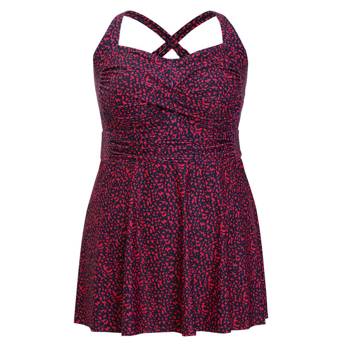 Plus Size Graphic Print Gathered Flutter Hem Crossover Swim Dress Women's Swimwear RedViolet Vacation Bodycon High stretch Curve Swim Dresses BloomChic 12/L Product Image