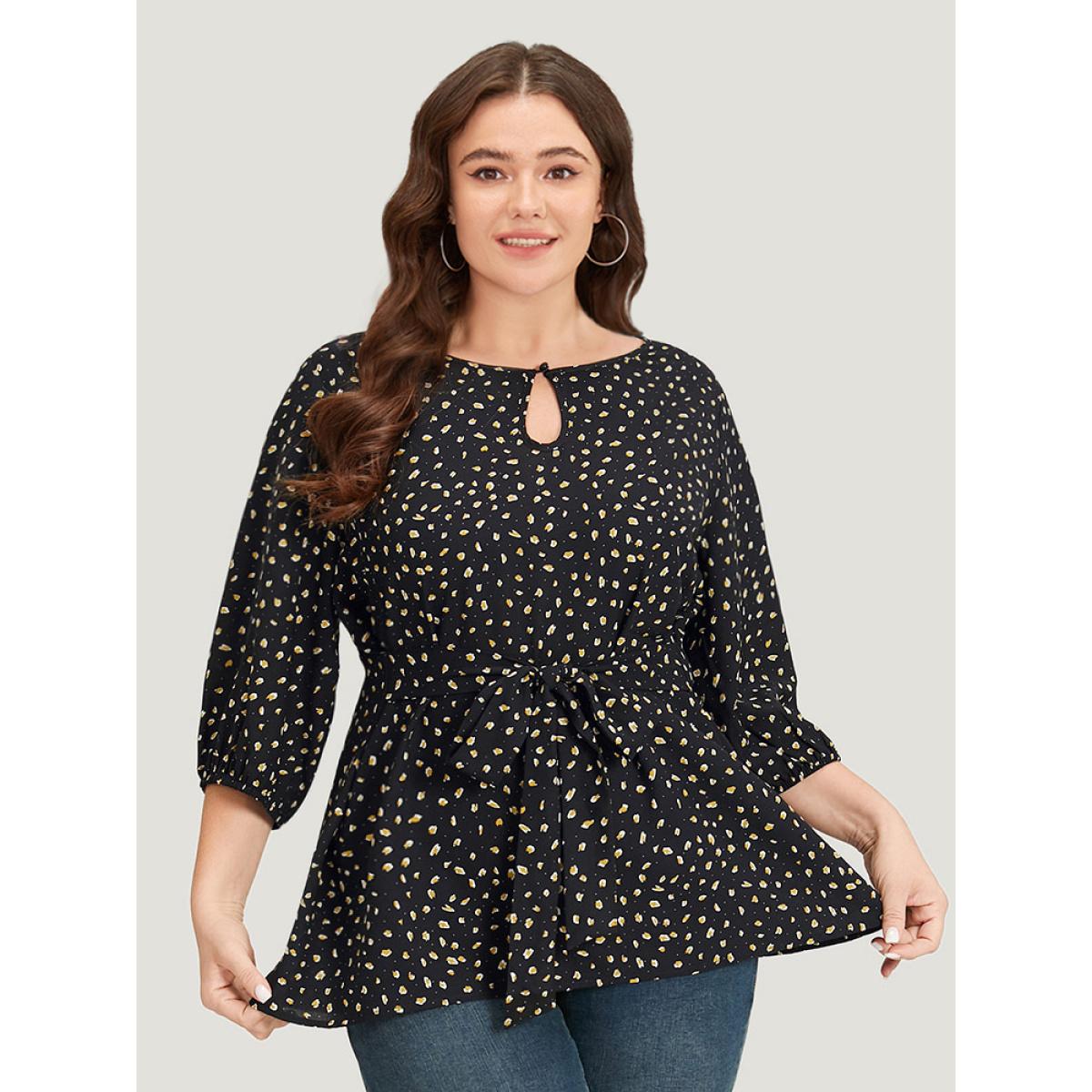 Plus Size Black Dot Button Up Keyhole Ties Lantern Sleeve Blouse Women Elegant Elbow-length sleeve Keyhole Cut-Out Dailywear Blouses BloomChic 22-24/3X Product Image