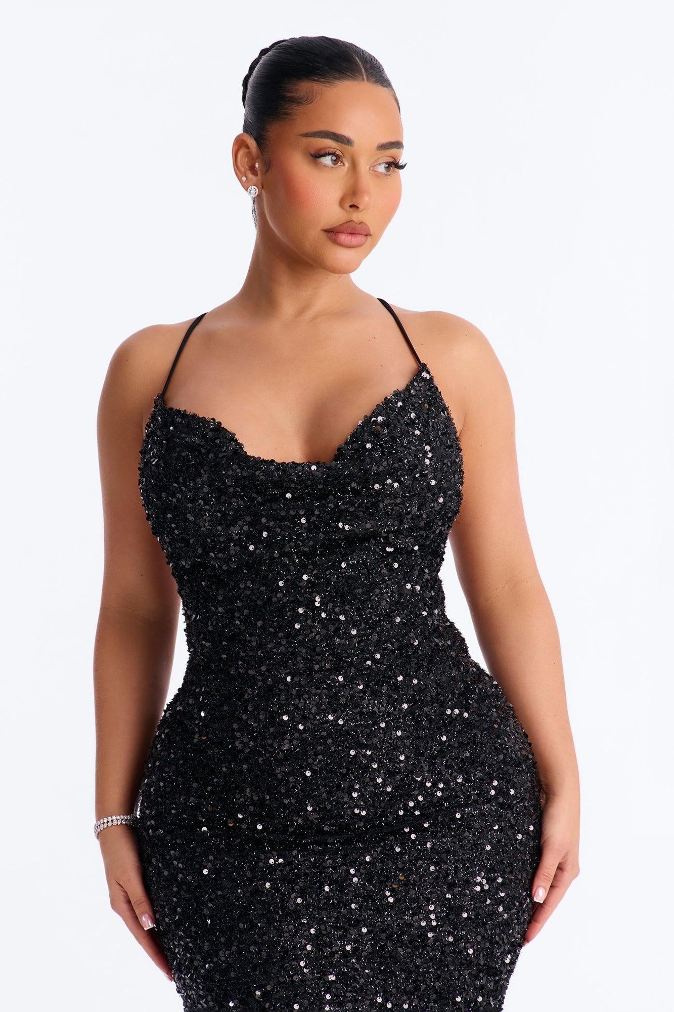 Zoey Feathered Sequin Midi Dress - Black Female Product Image