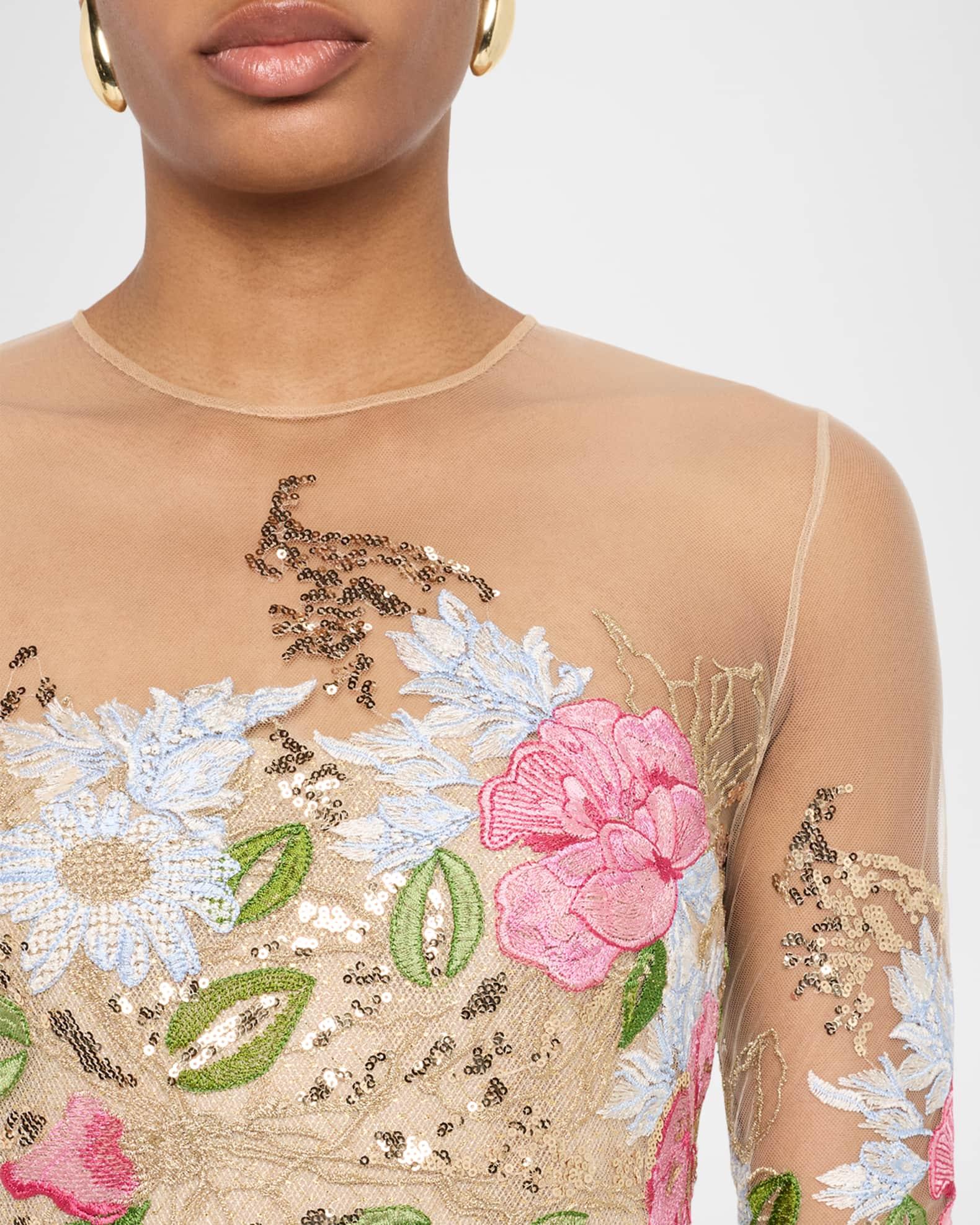 Floral Embroidered Long-Sleeve Tea-Length Dress Product Image