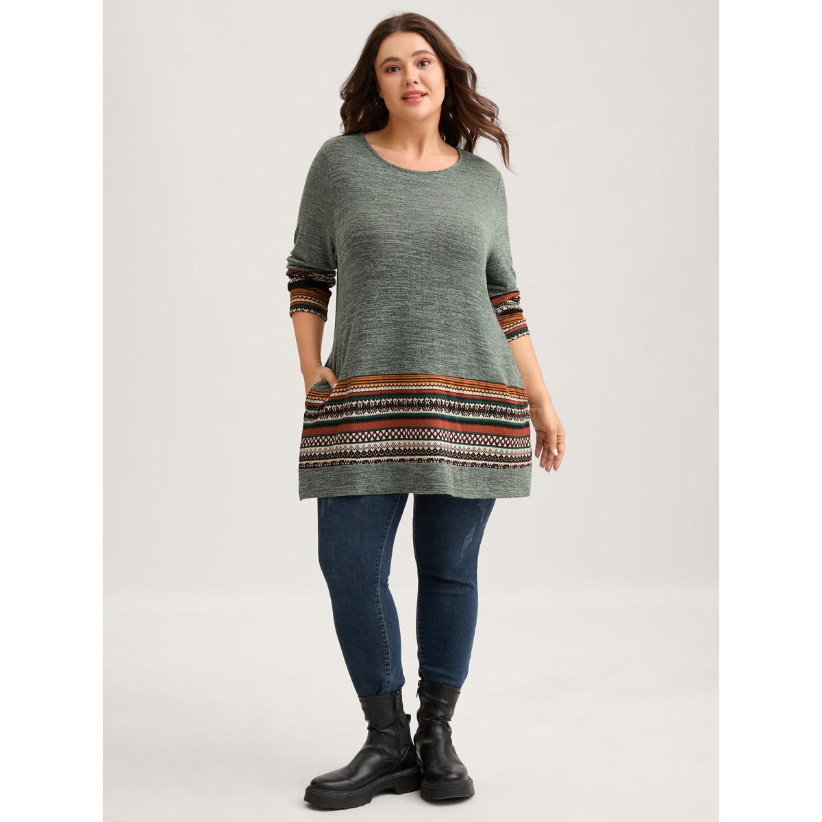 Plus Size Tunic Boho Print Pocket T-shirt Sage Women Leisure Contrast Round Neck Loose Casual T-shirts BloomChic 28/5X Product Image