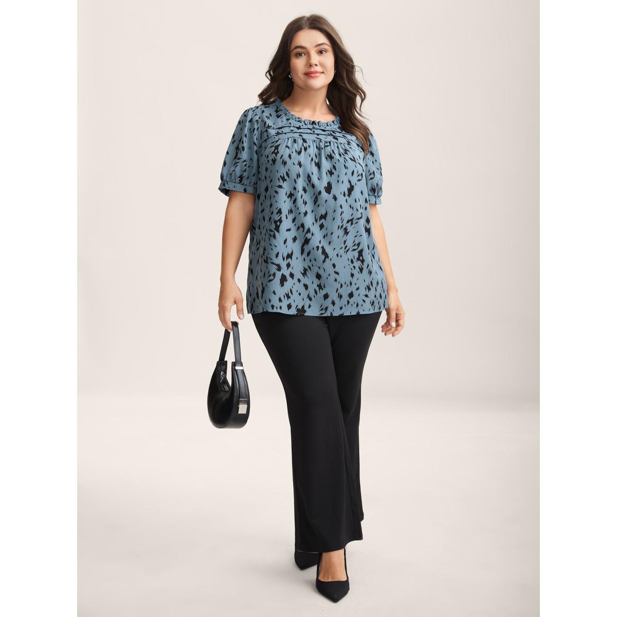 Plus Size Stone Leopard Print Toothpick Pleat Blouse Women Office Short sleeve Round Neck Office Blouses BloomChic 12/L Product Image
