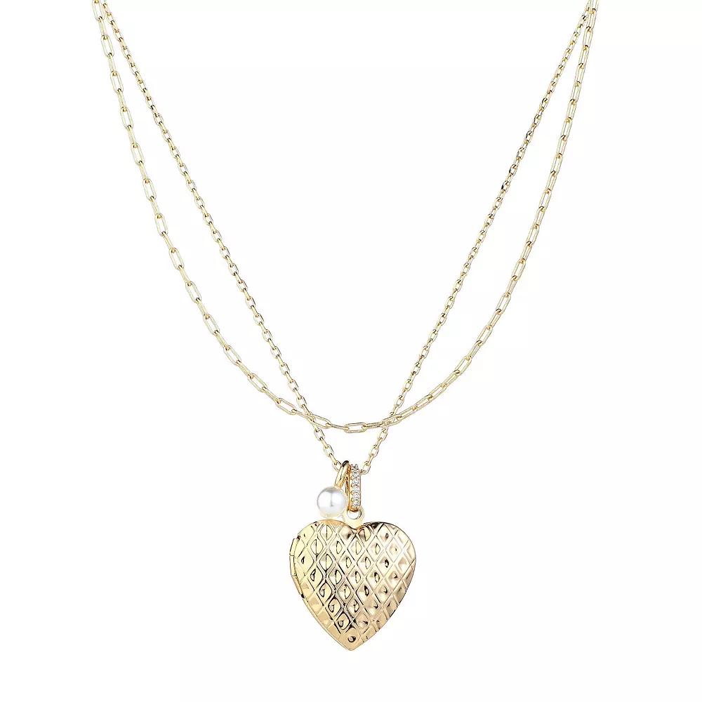 Forever Close 2-pc. 14k Gold Flash Plated Simulated Pearl Charm & Diamond Cut Heart Locket Necklace Set, Women's, Size: 16/18", Gold Tone Product Image