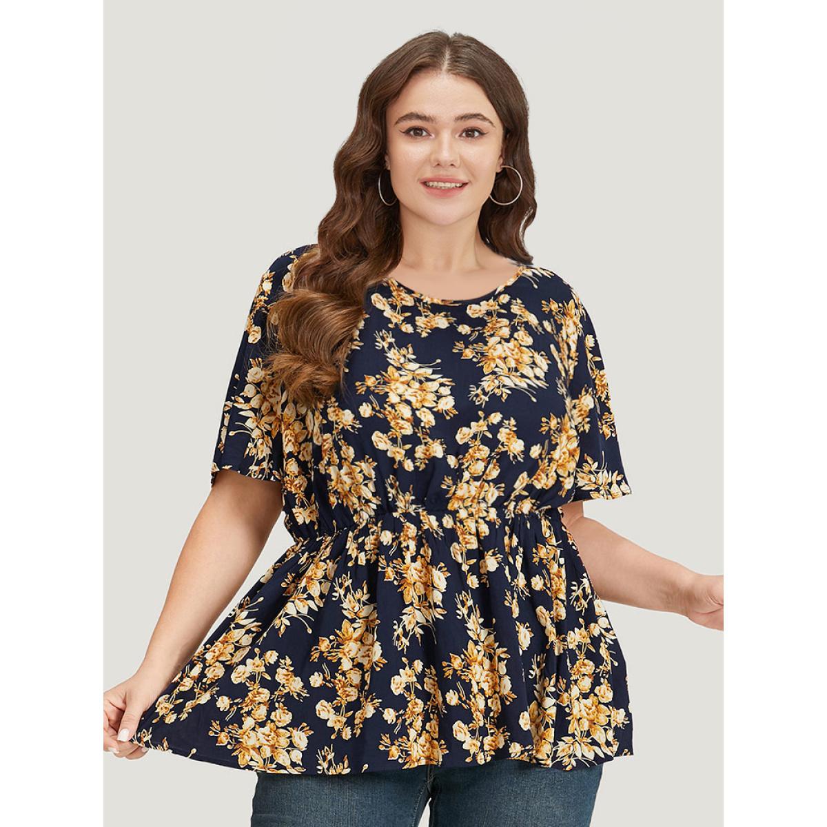 Plus Size Indigo Floral Print Flutter Sleeve Elastic Waist Blouse Women Elegant Short sleeve Round Neck Dailywear Blouses BloomChic 12/L Product Image