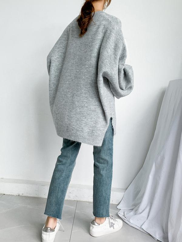 Stretch Mohair-Blend Balloon Sleeves Loose Solid Round-Neck Sweater Tops Product Image