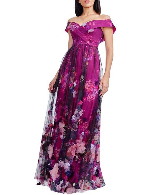 Dress the Population Aurea Off-The-Shoulder 3D Floral Applique Mesh A-Line Gown Product Image