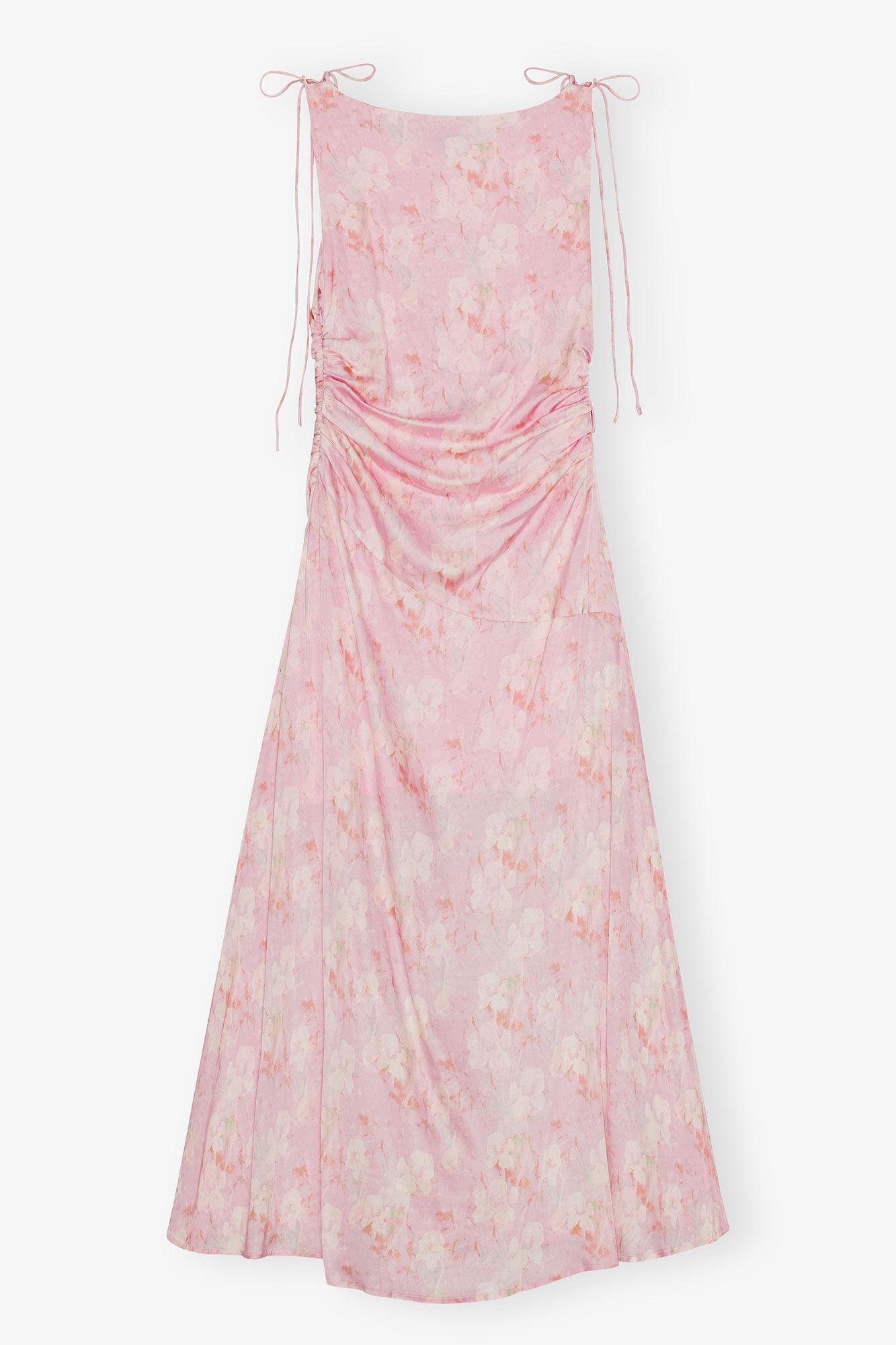 Pink Printed Satin Gathered Dress Product Image