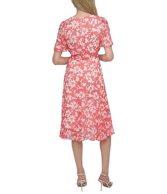 DKNY by Donna Karan Woven Floral Print Crew Neck Short Sleeve Waist Tie Fit and Flare Midi Dress Product Image