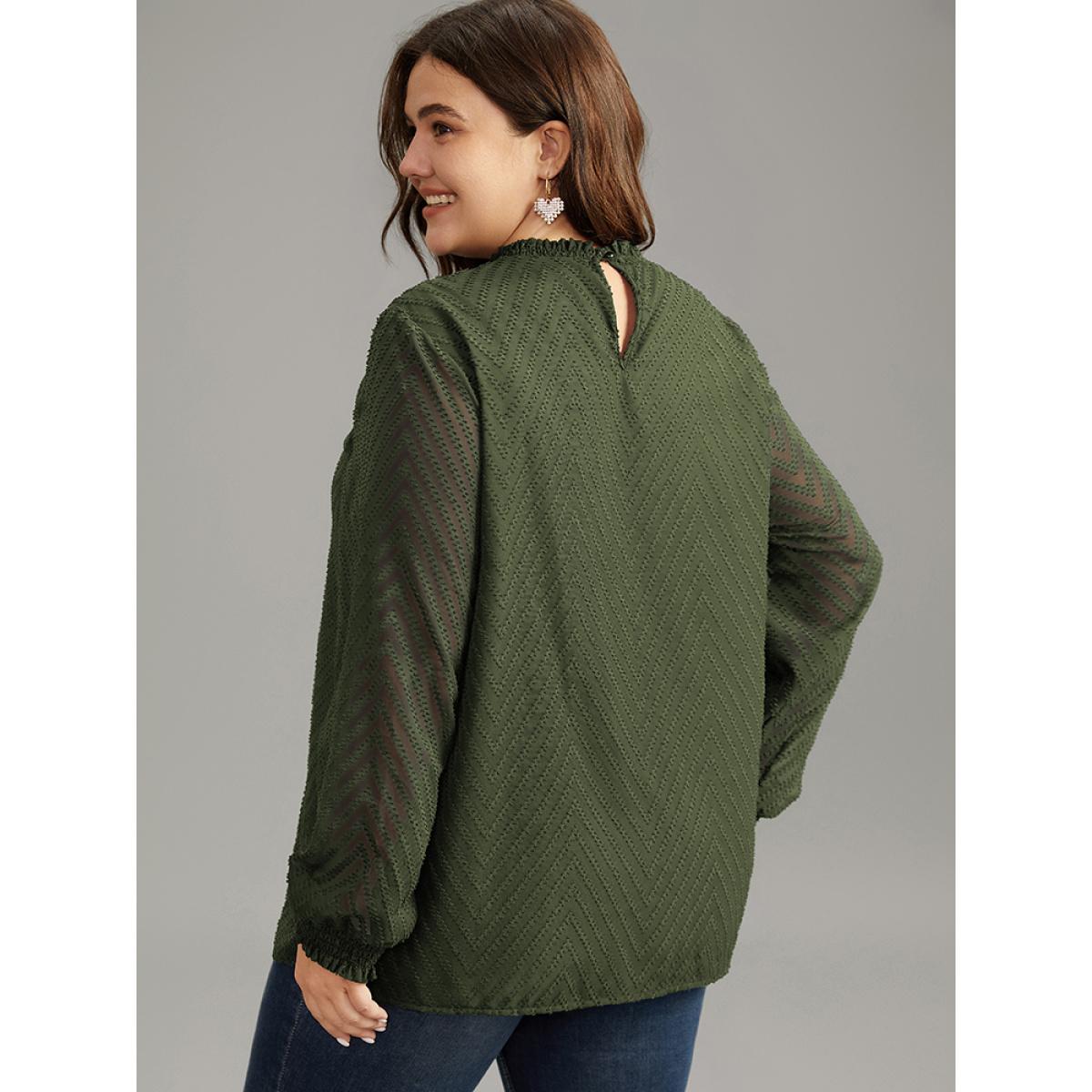 Plus Size ArmyGreen Plain Patchwork Mesh Shirred Frill Trim Blouse Women Office Long Sleeve Round Neck Work Blouses BloomChic 18-20/2X Product Image