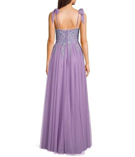 City Vibe Sweetheart Neck Spaghetti Tie Straps Embroidered Applique Bodice Side Slit Gown Product Image